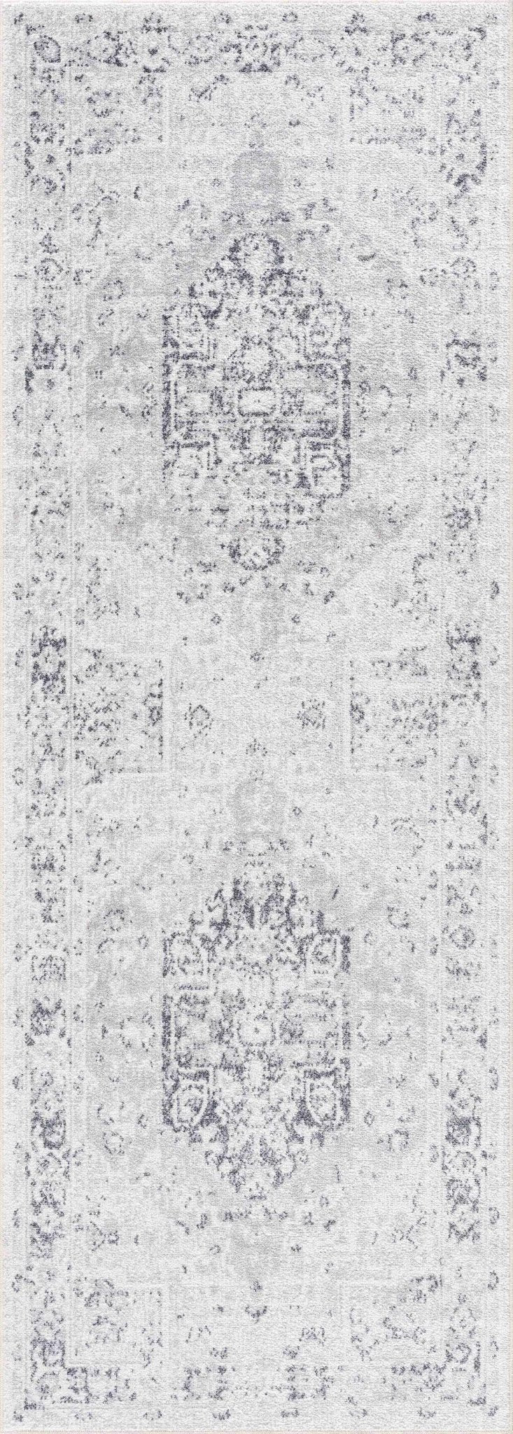 Traditional Medallion Design Silver and Charcoal Machine Washable Rug - Image 4