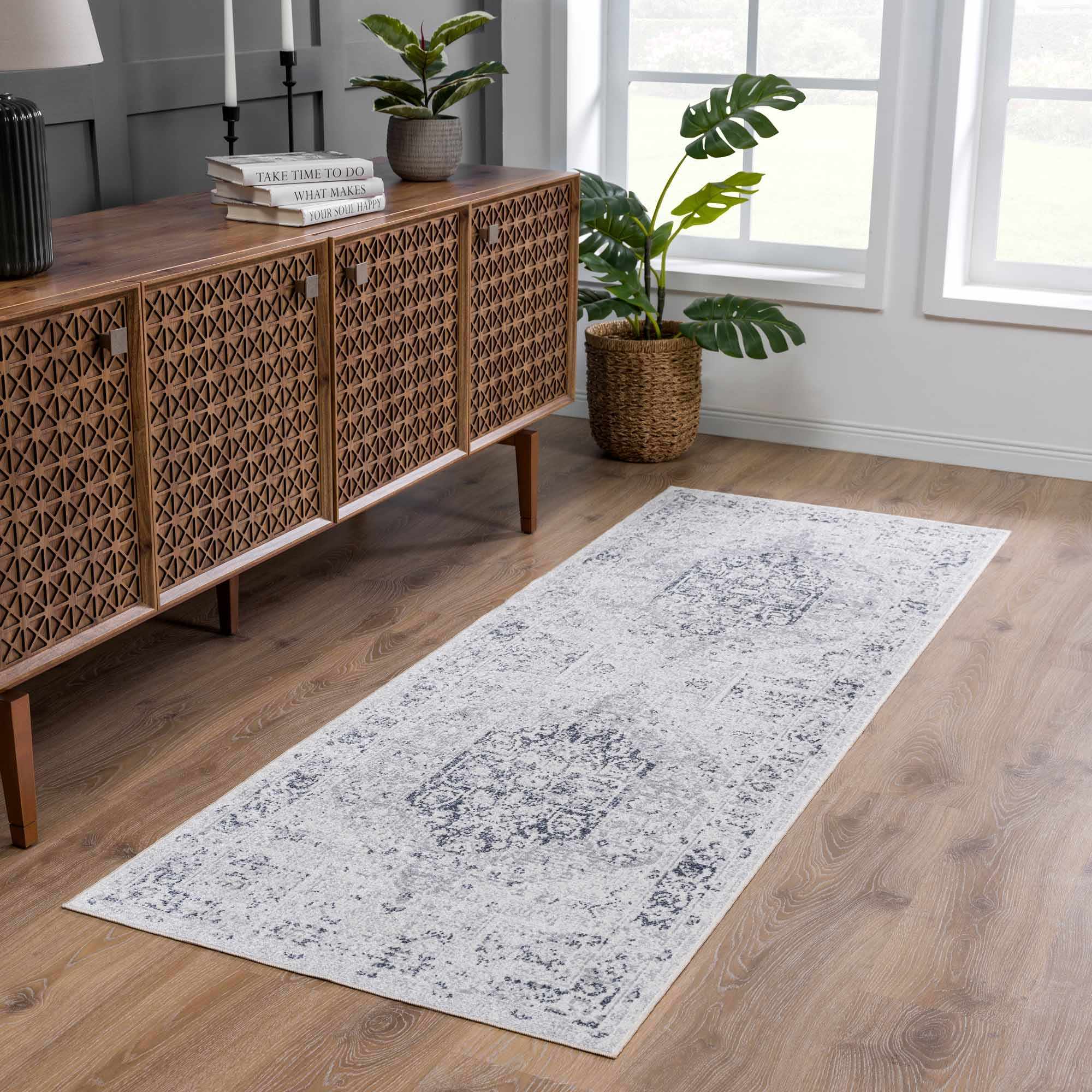 Traditional Medallion Design Silver and Charcoal Machine Washable Rug - Image 6