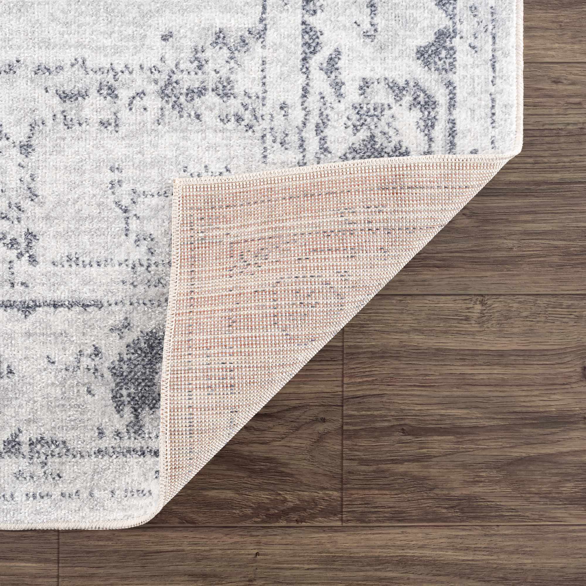 Traditional Medallion Design Silver and Charcoal Machine Washable Rug - Image 7