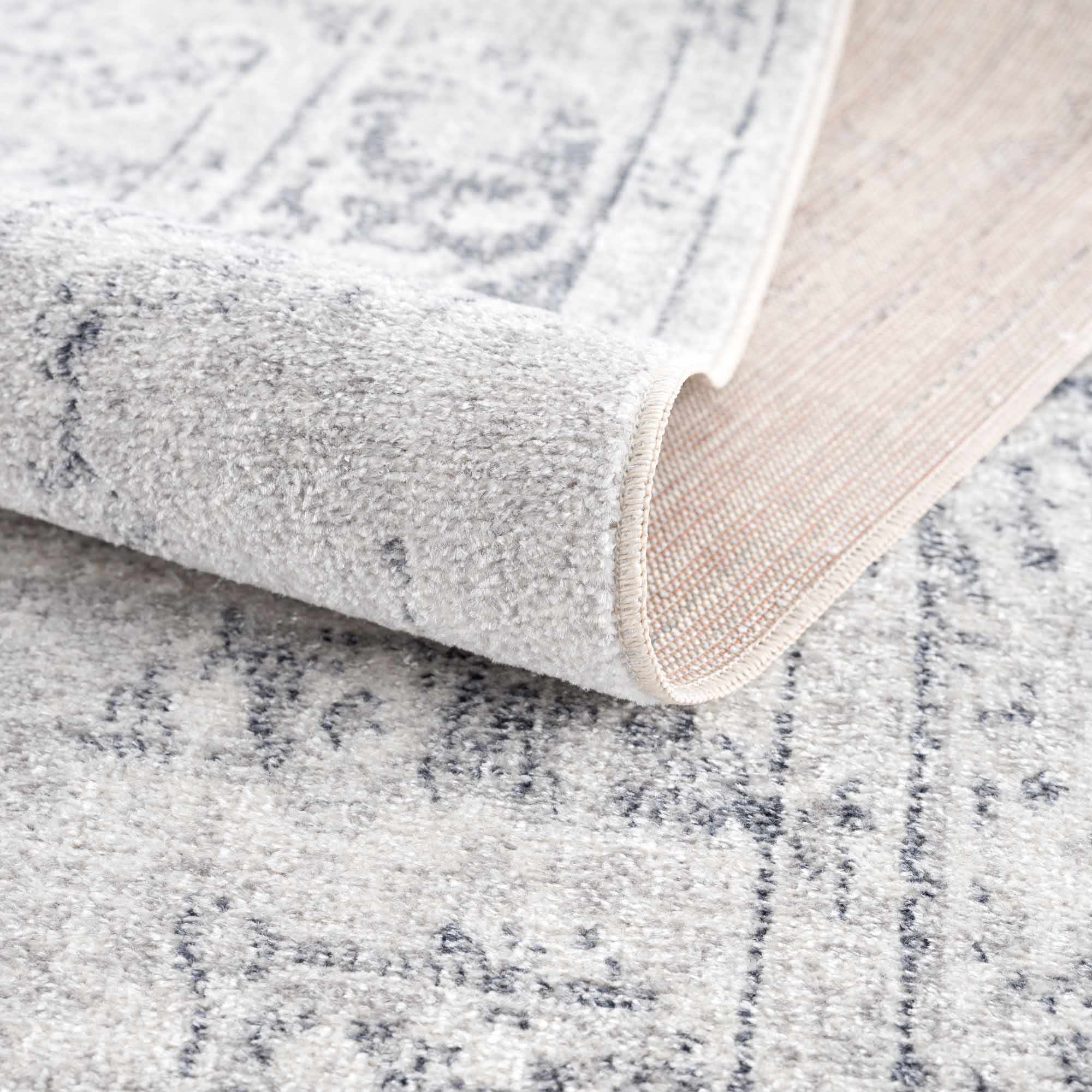 Traditional Medallion Design Silver and Charcoal Machine Washable Rug - Image 9