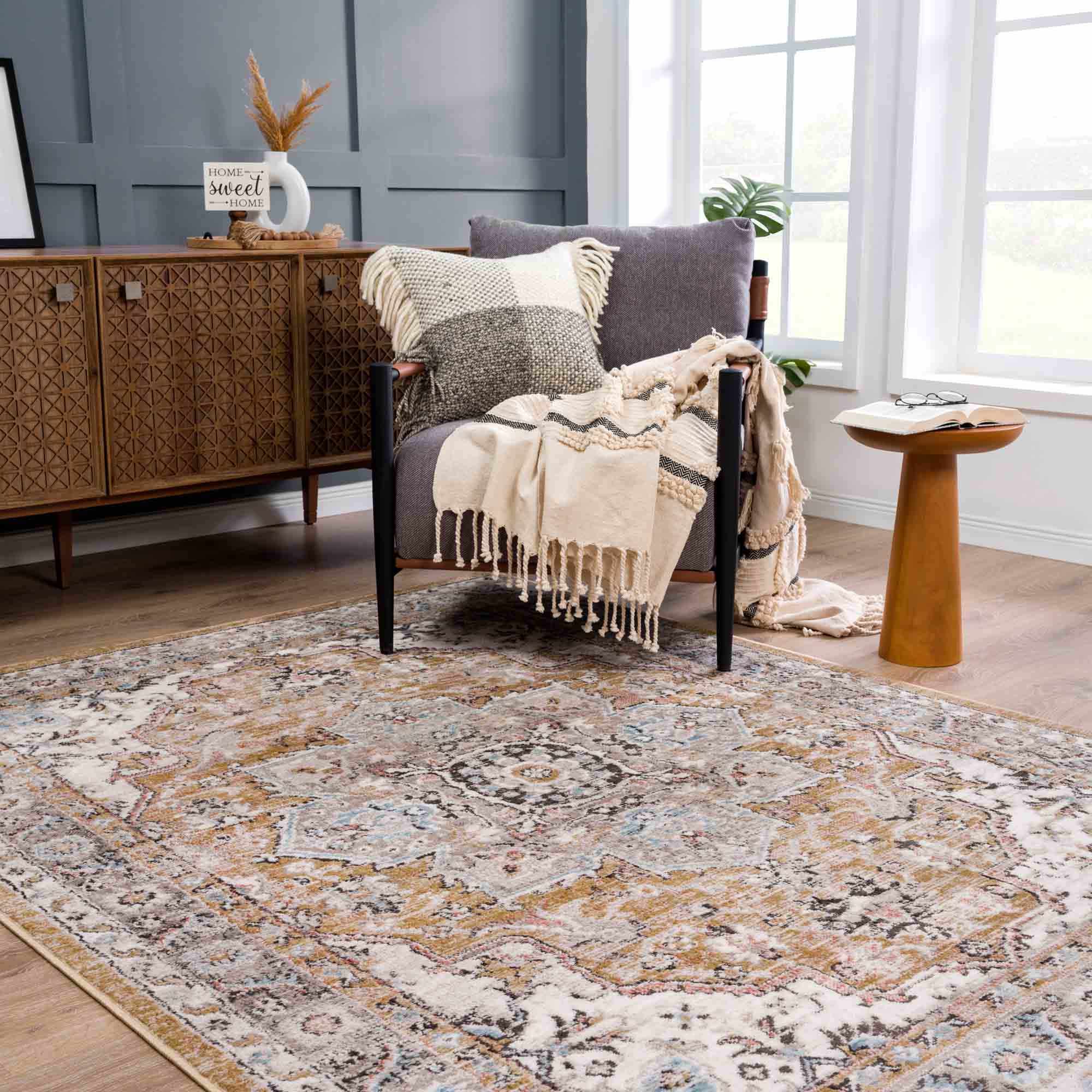Traditional Medallion Design olive, Ivory, Peach and Charcoal Rug - Image 2