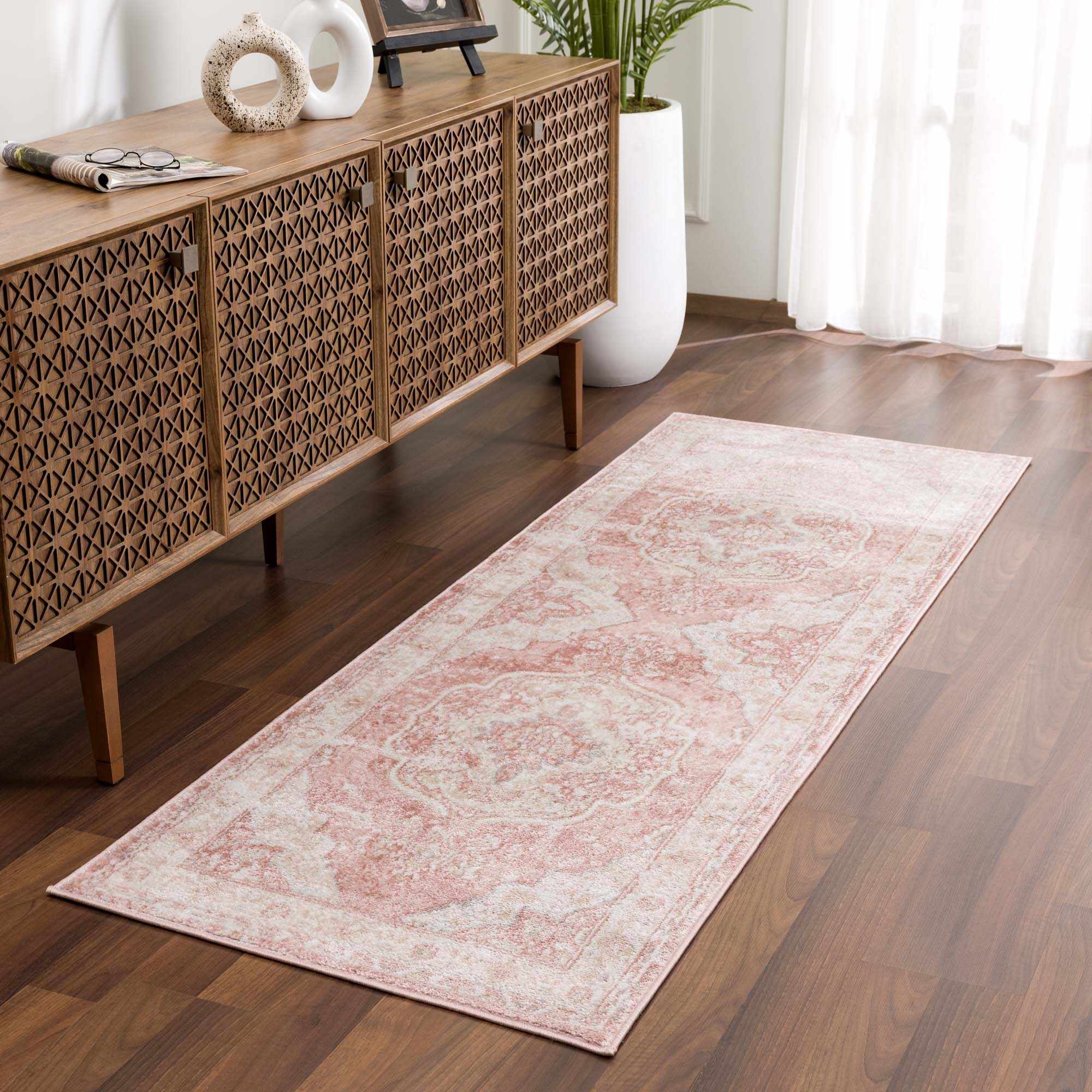 Traditional Heriz Peach Pink and Ivory Medallion Medium Pile Area Rug - Image 5