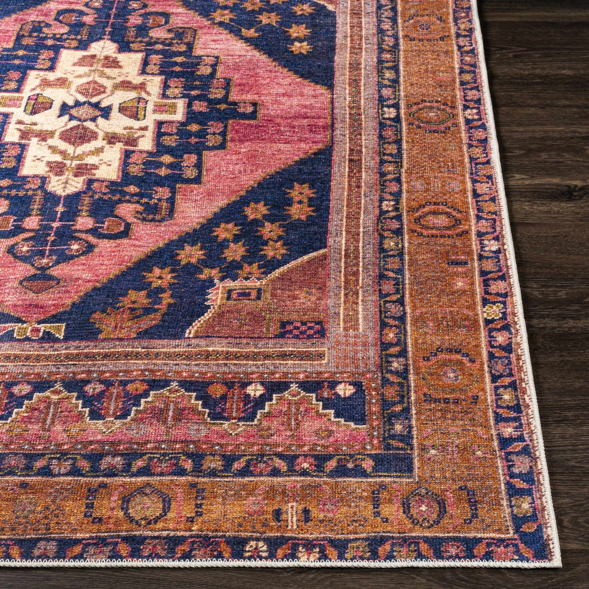 Traditional Heriz Peach, Blue, Gold and Ivory low Pile Washable Area Rug - Image 10