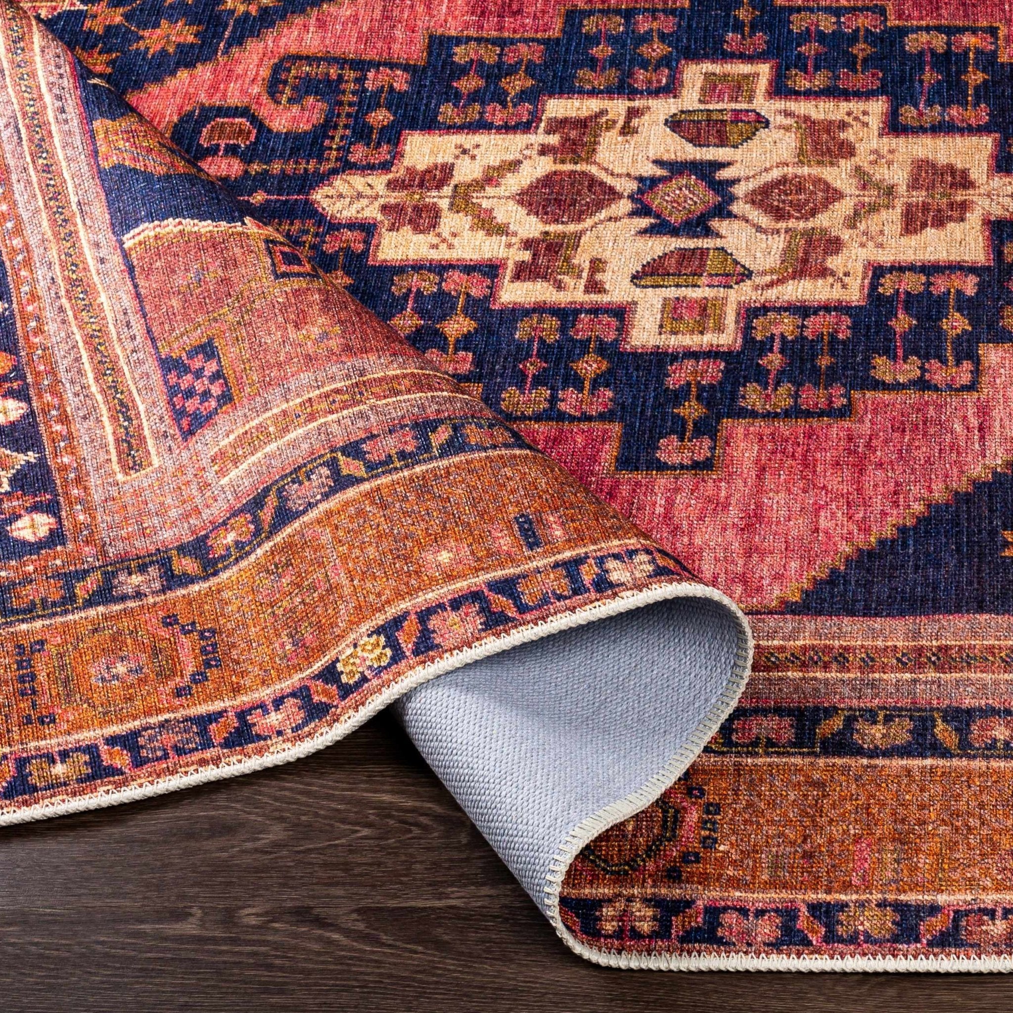 Traditional Heriz Peach, Blue, Gold and Ivory low Pile Washable Area Rug - Image 11