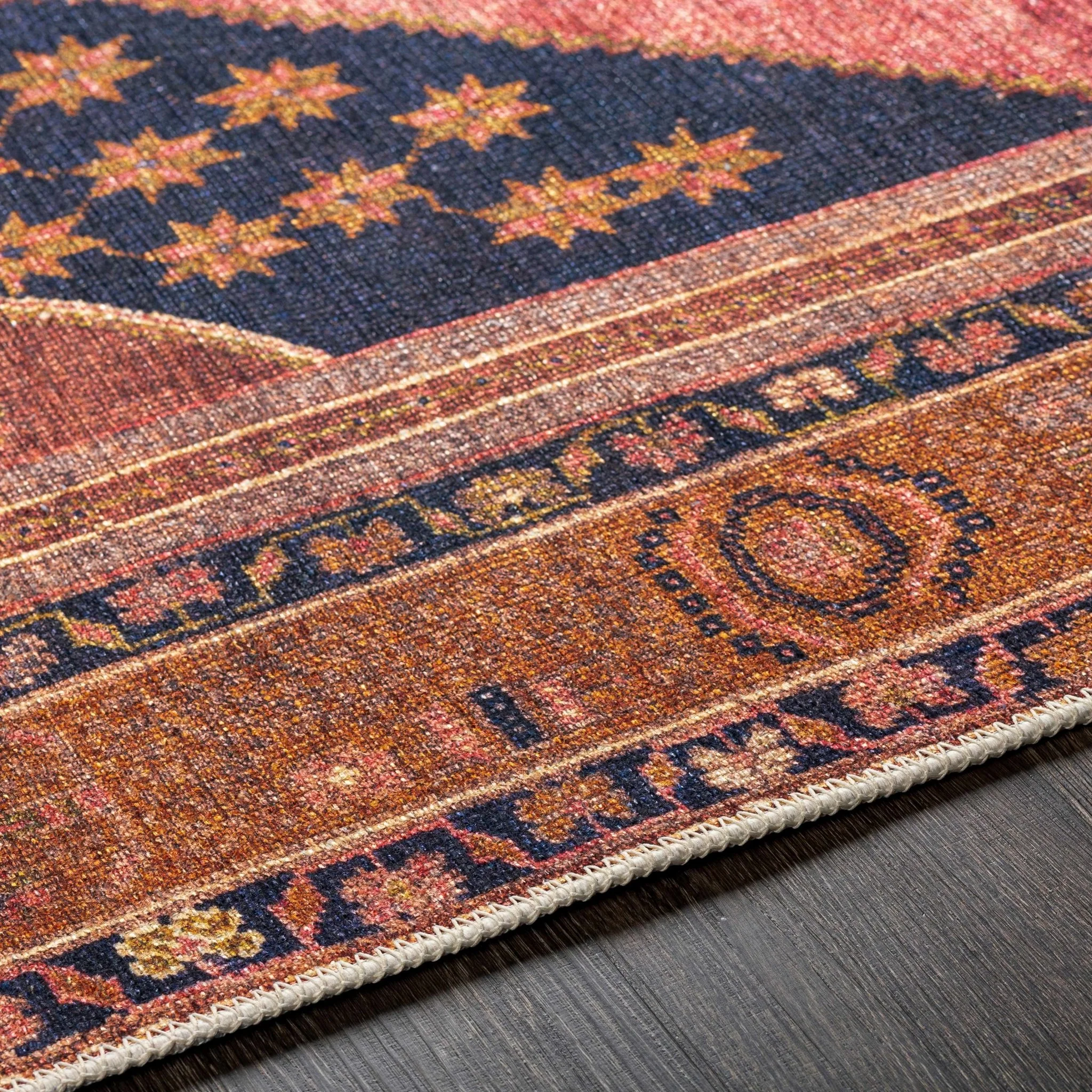 Traditional Heriz Peach, Blue, Gold and Ivory low Pile Washable Area Rug - Image 12