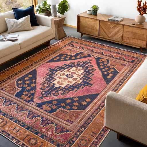 Traditional Heriz Peach, Blue, Gold and Ivory low Pile Washable Area Rug - Image 2