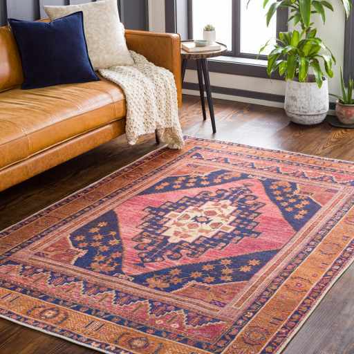 Traditional Heriz Peach, Blue, Gold and Ivory low Pile Washable Area Rug - Image 3
