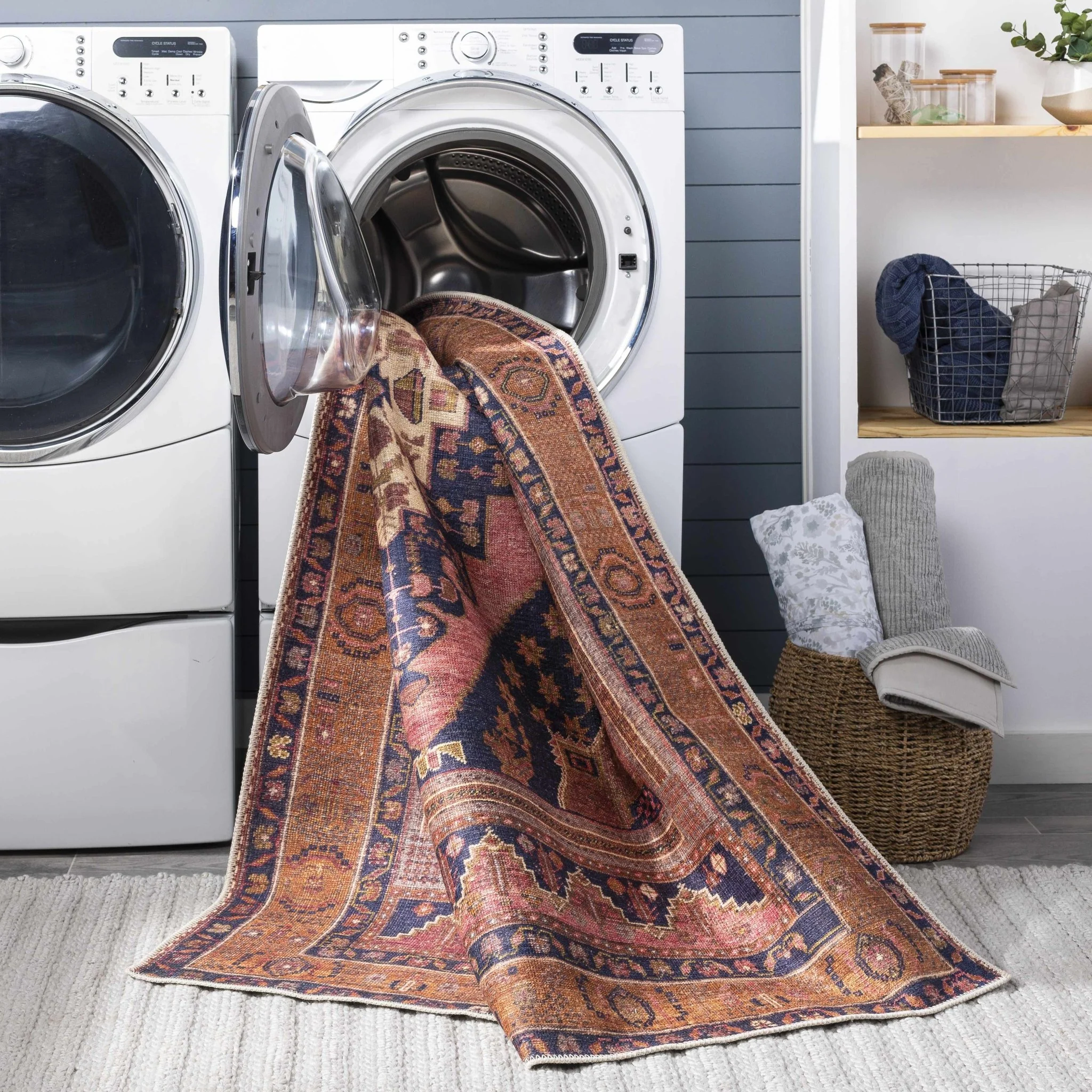 Traditional Heriz Peach, Blue, Gold and Ivory low Pile Washable Area Rug - Image 4