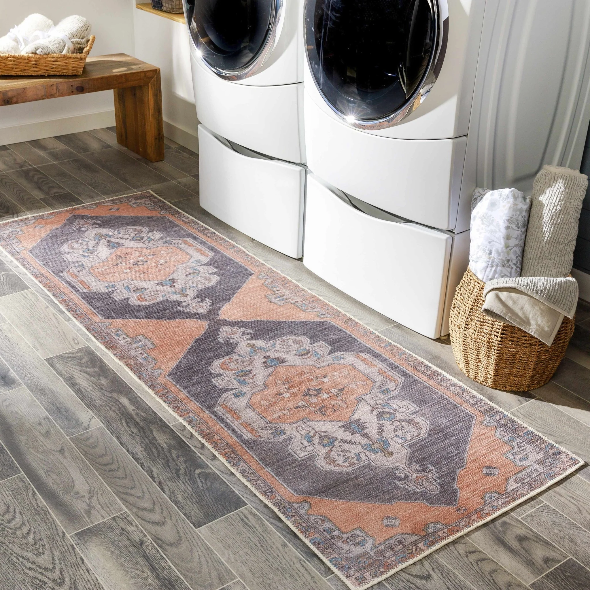 Traditional Heriz Peach, Blue, Gold and Ivory low Pile Washable Area Rug - Image 5