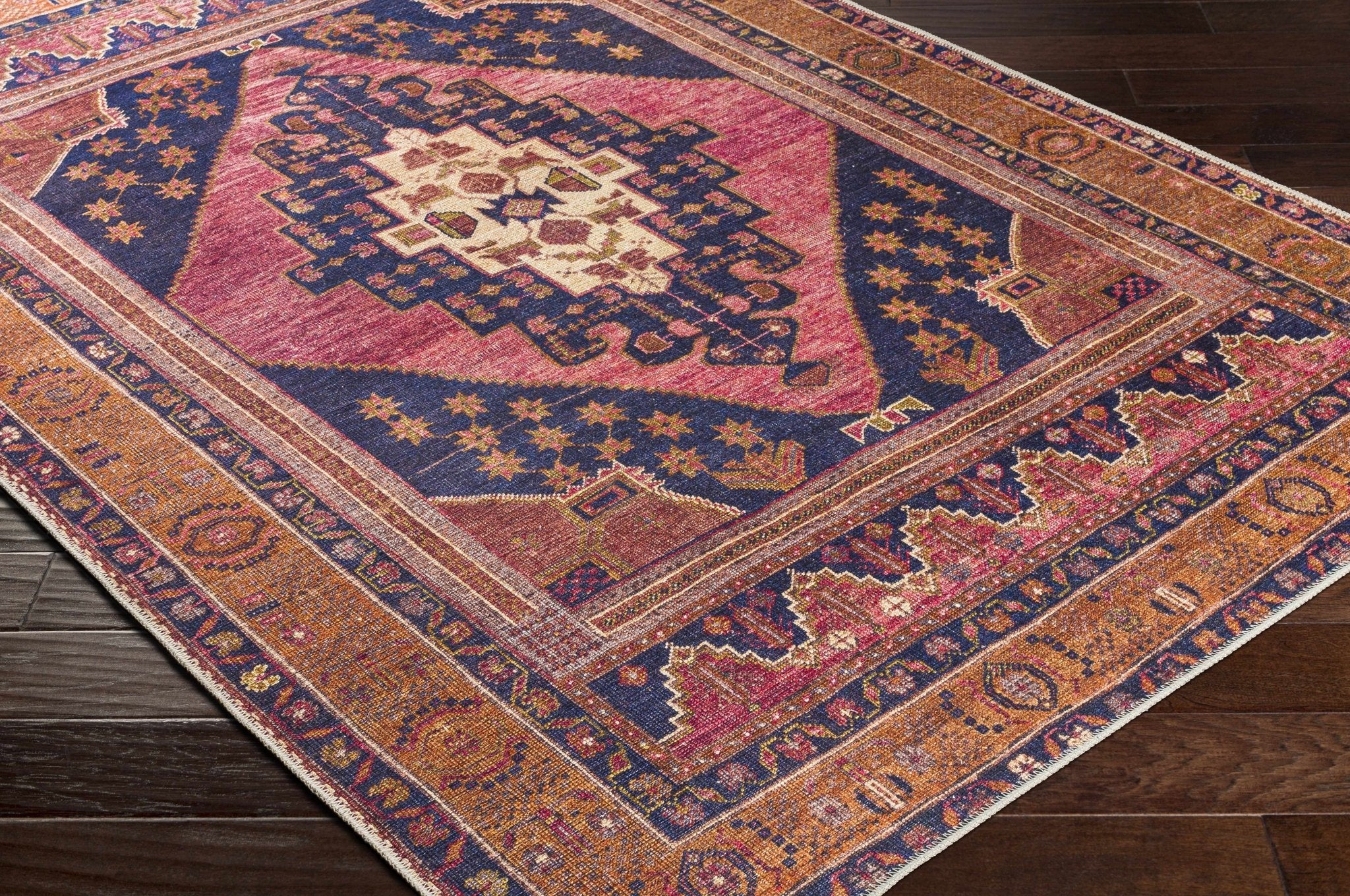 Traditional Heriz Peach, Blue, Gold and Ivory low Pile Washable Area Rug - Image 6