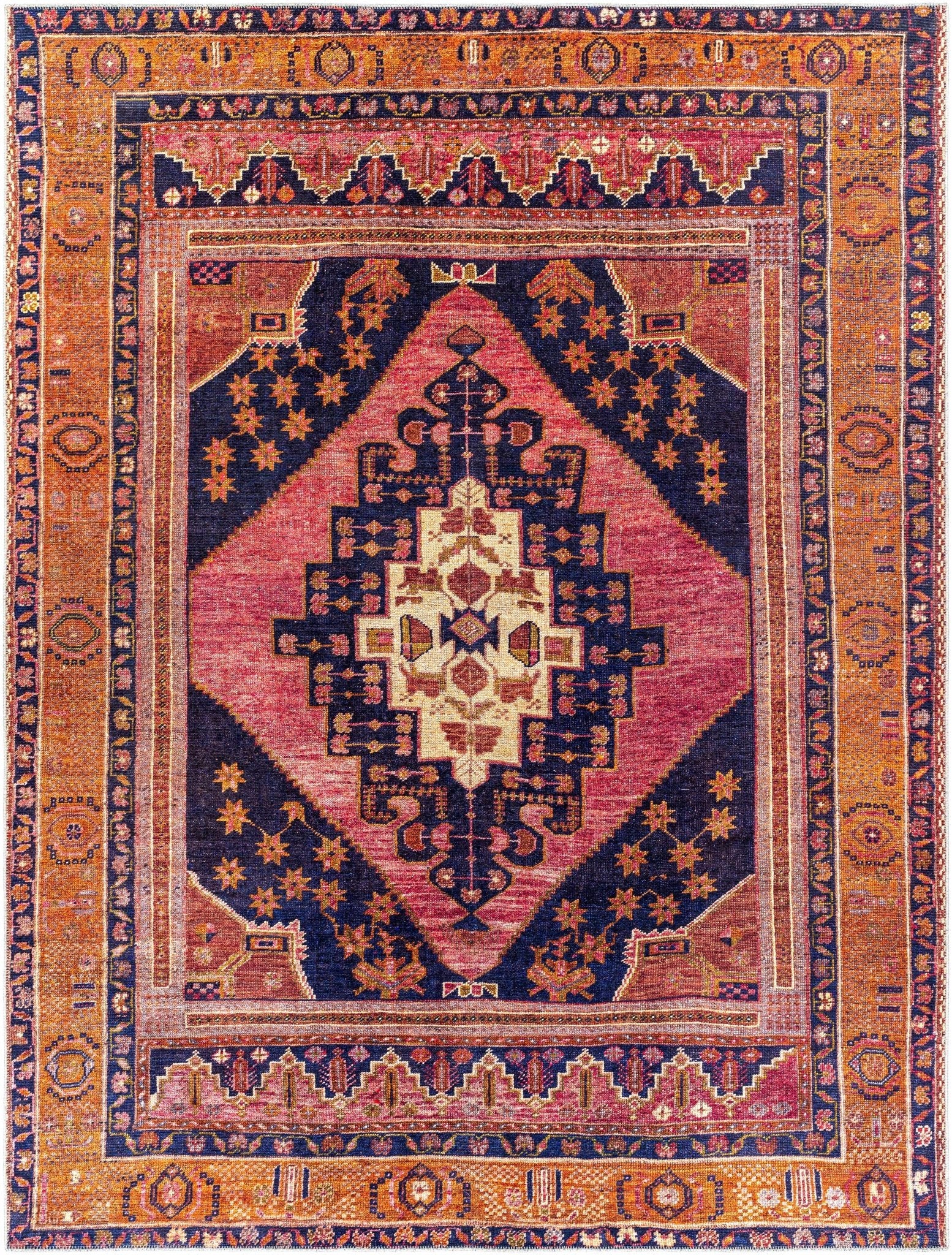 Traditional Heriz Peach, Blue, Gold and Ivory low Pile Washable Area Rug - Image 8