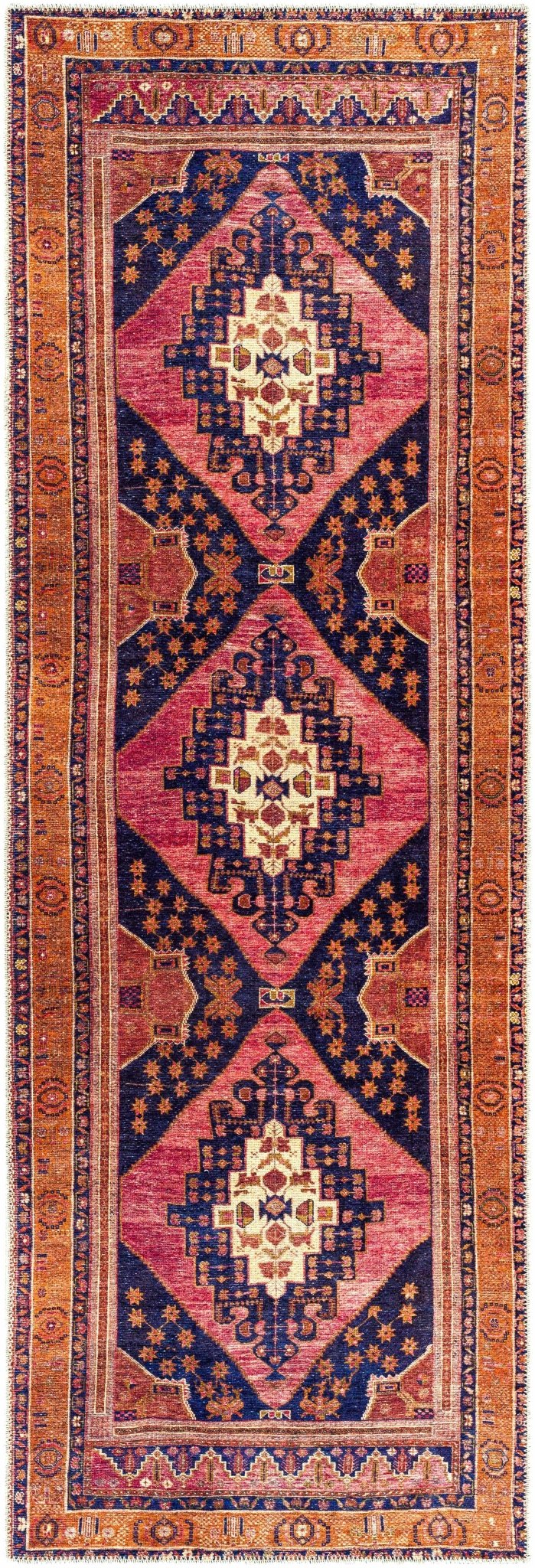 Traditional Heriz Peach, Blue, Gold and Ivory low Pile Washable Area Rug - Image 9