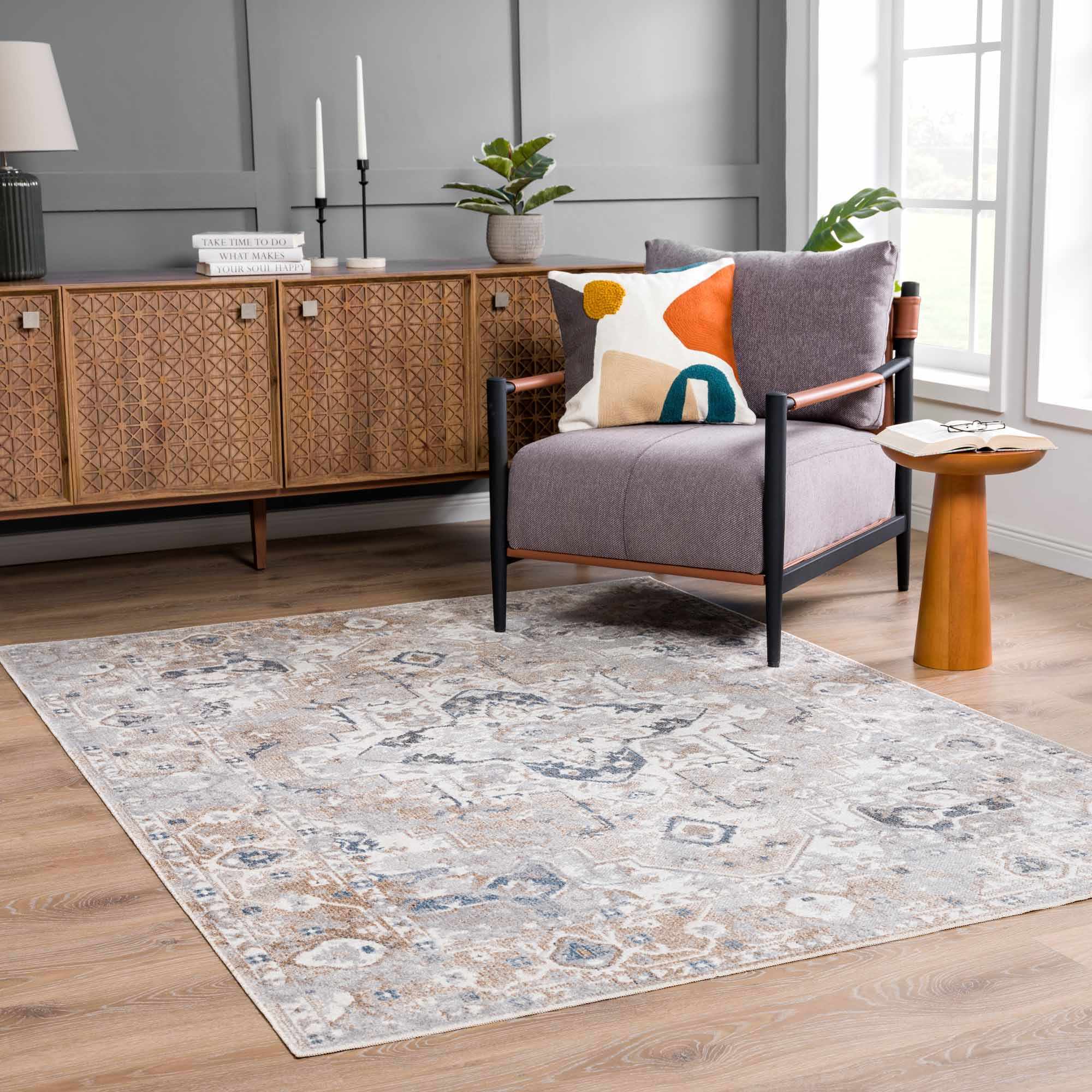Traditional Design Peach, Ivory, Silver and Charcoal Machine Washable Multi size Rug - Image 2