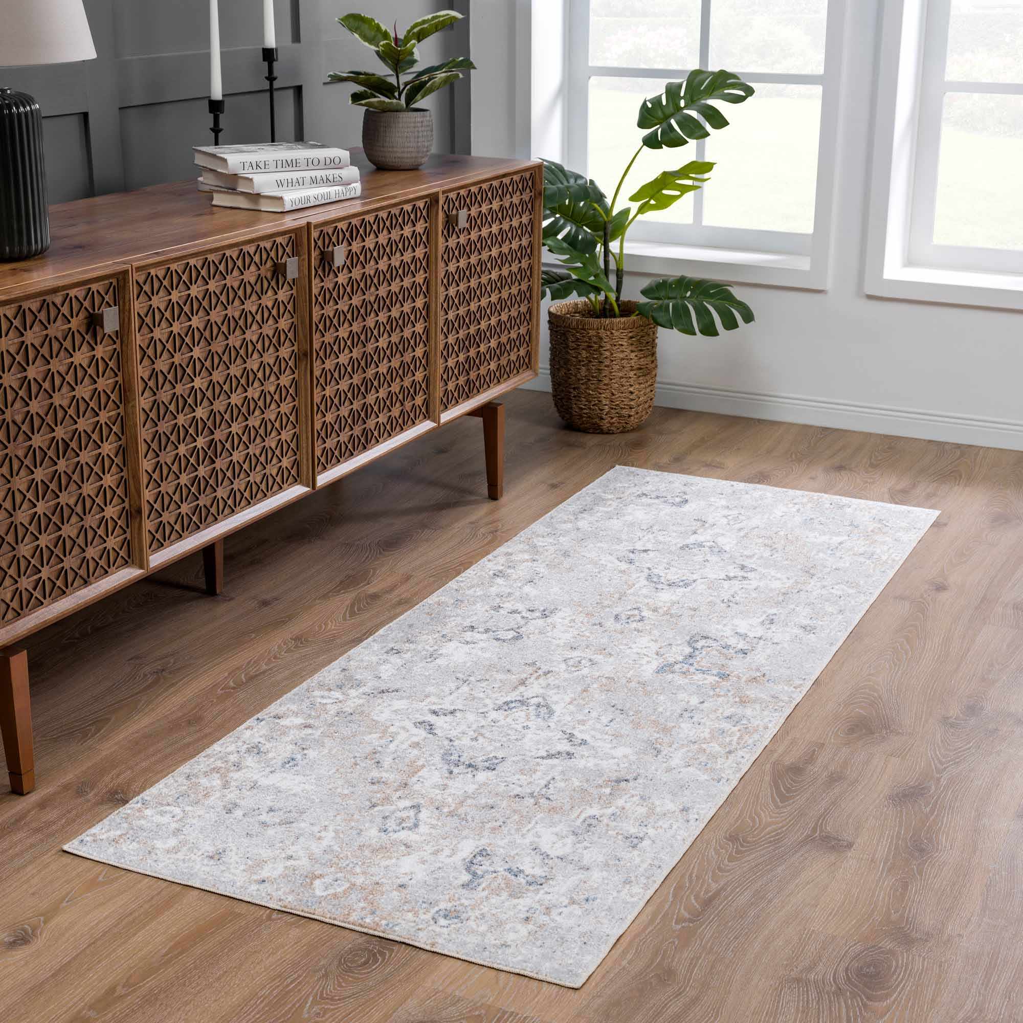 Traditional Design Peach, Ivory, Silver and Charcoal Machine Washable Multi size Rug - Image 3