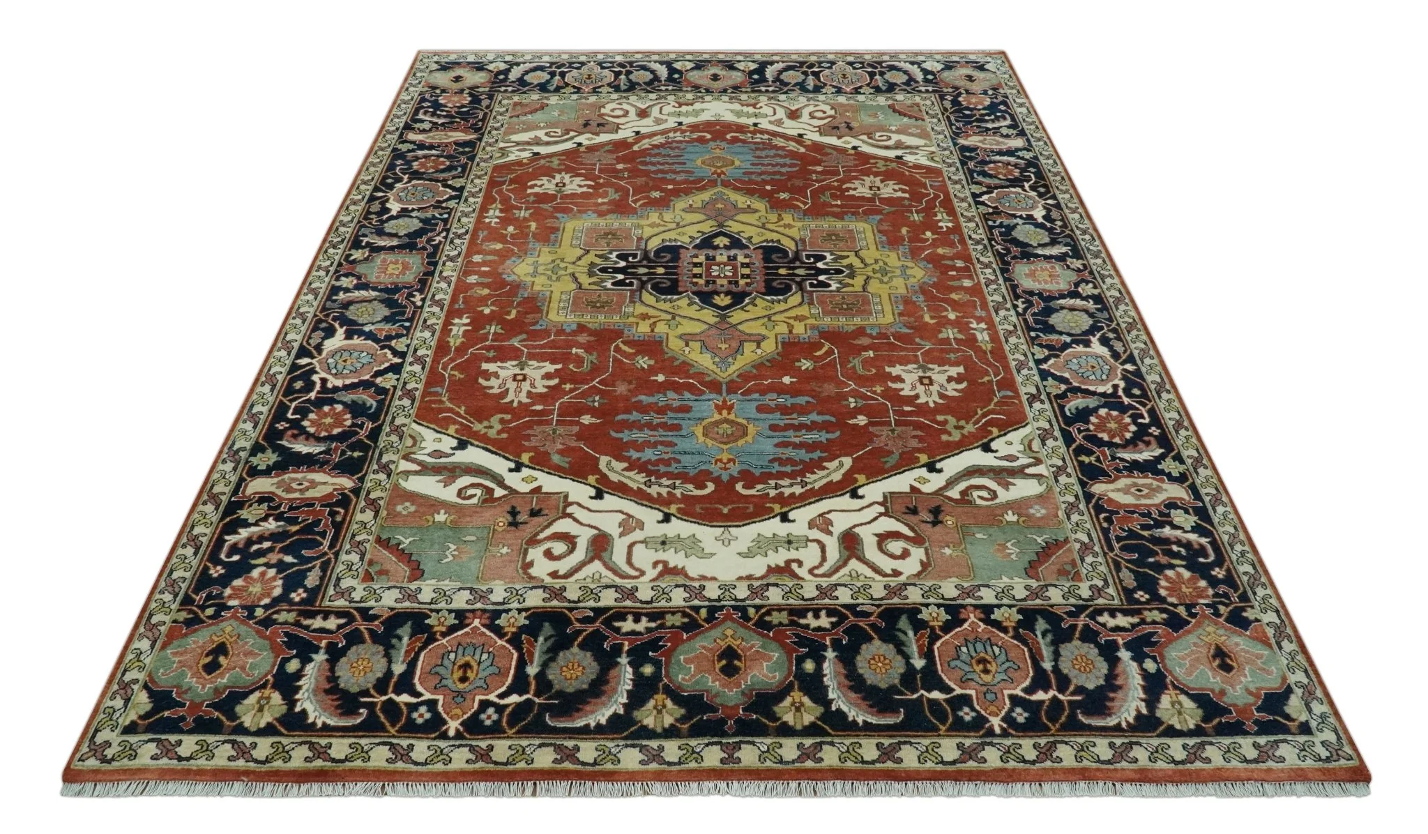Traditional Heriz Rust and Blue Fine Hand Knotted 9x12 wool area rug - Image 10