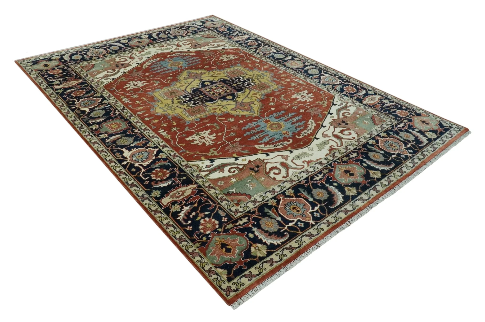 Traditional Heriz Rust and Blue Fine Hand Knotted 9x12 wool area rug - Image 9