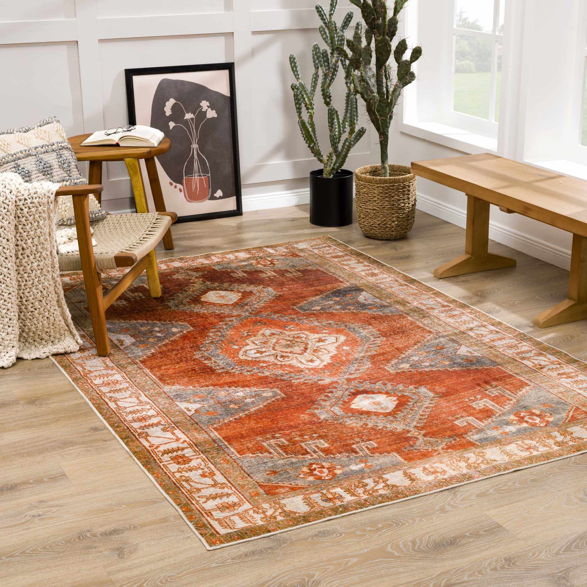 Vintage Style Turkish Design Rust, Gray and Silver Washable Area Rug - Image 2