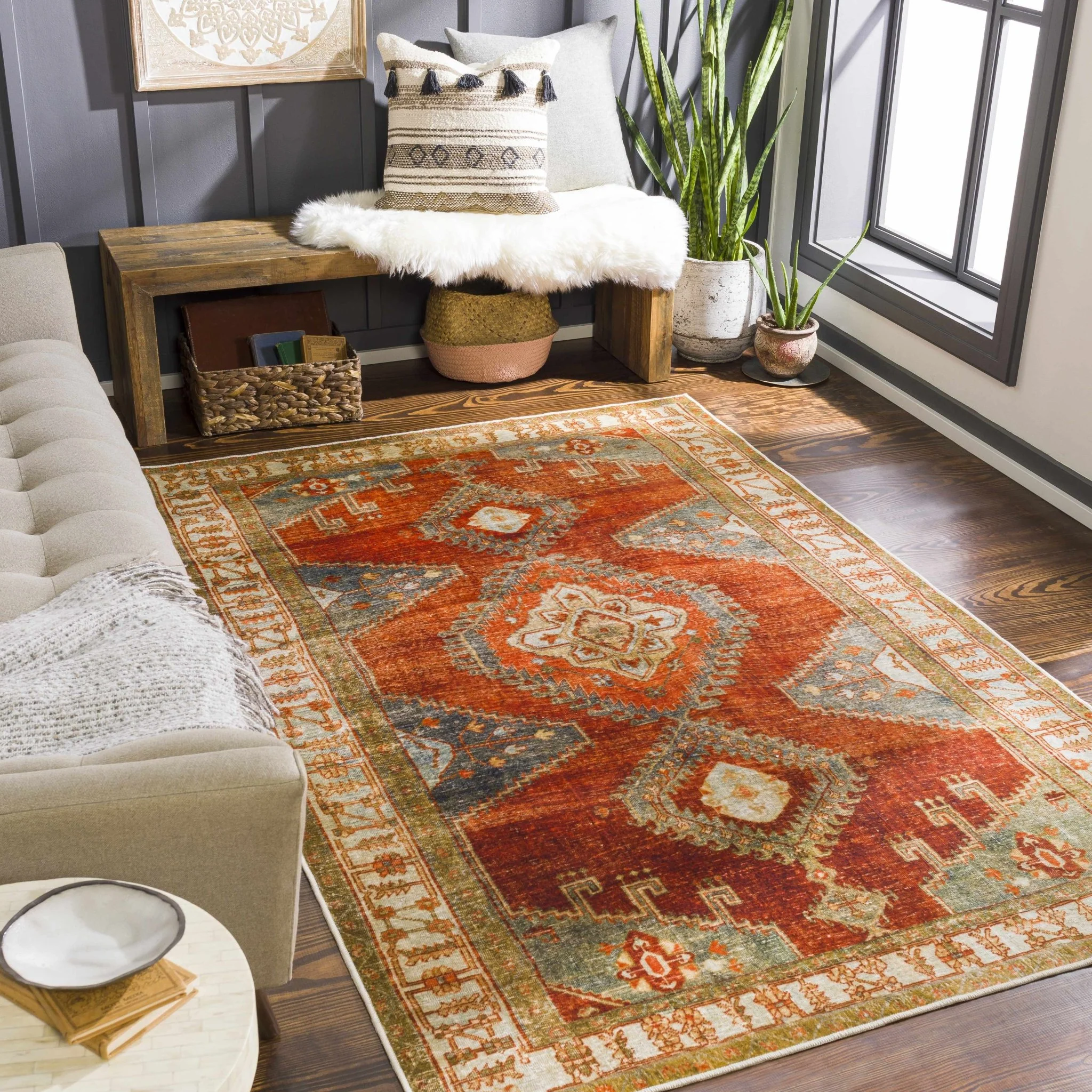 Vintage Style Turkish Design Rust, Gray and Silver Washable Area Rug - Image 21