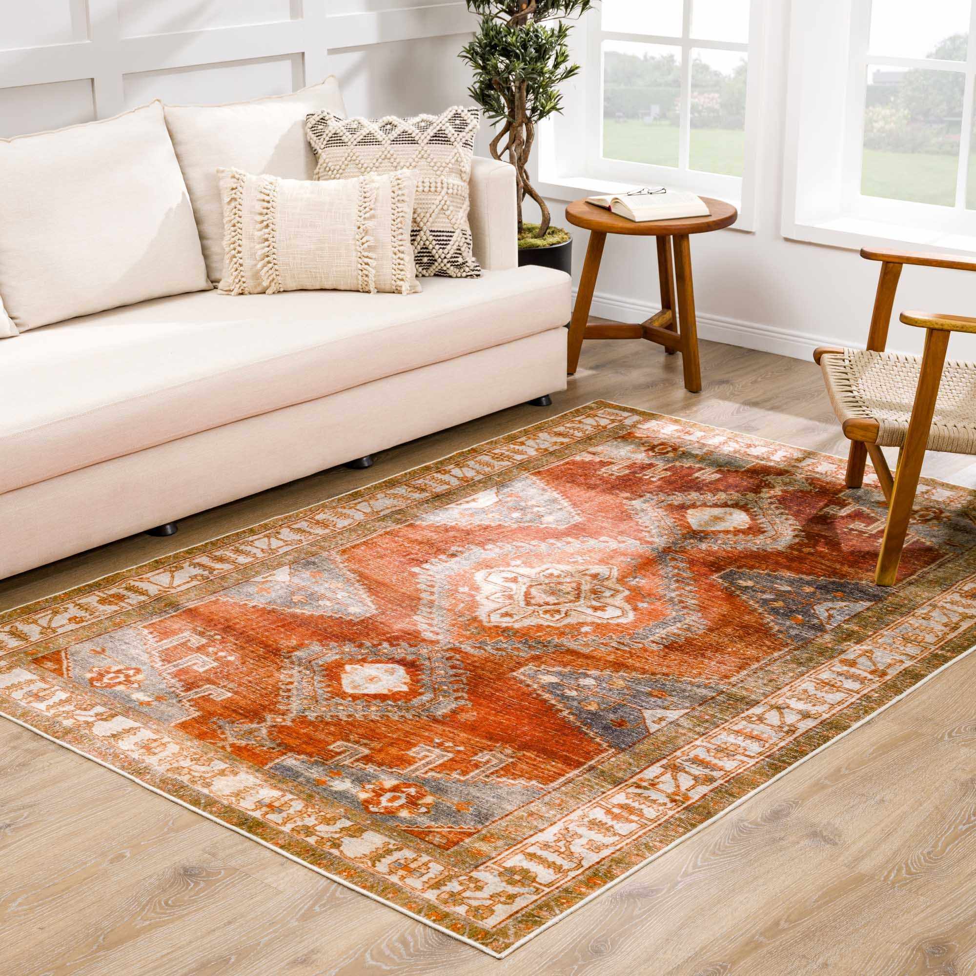 Vintage Style Turkish Design Rust, Gray and Silver Washable Area Rug - Image 4