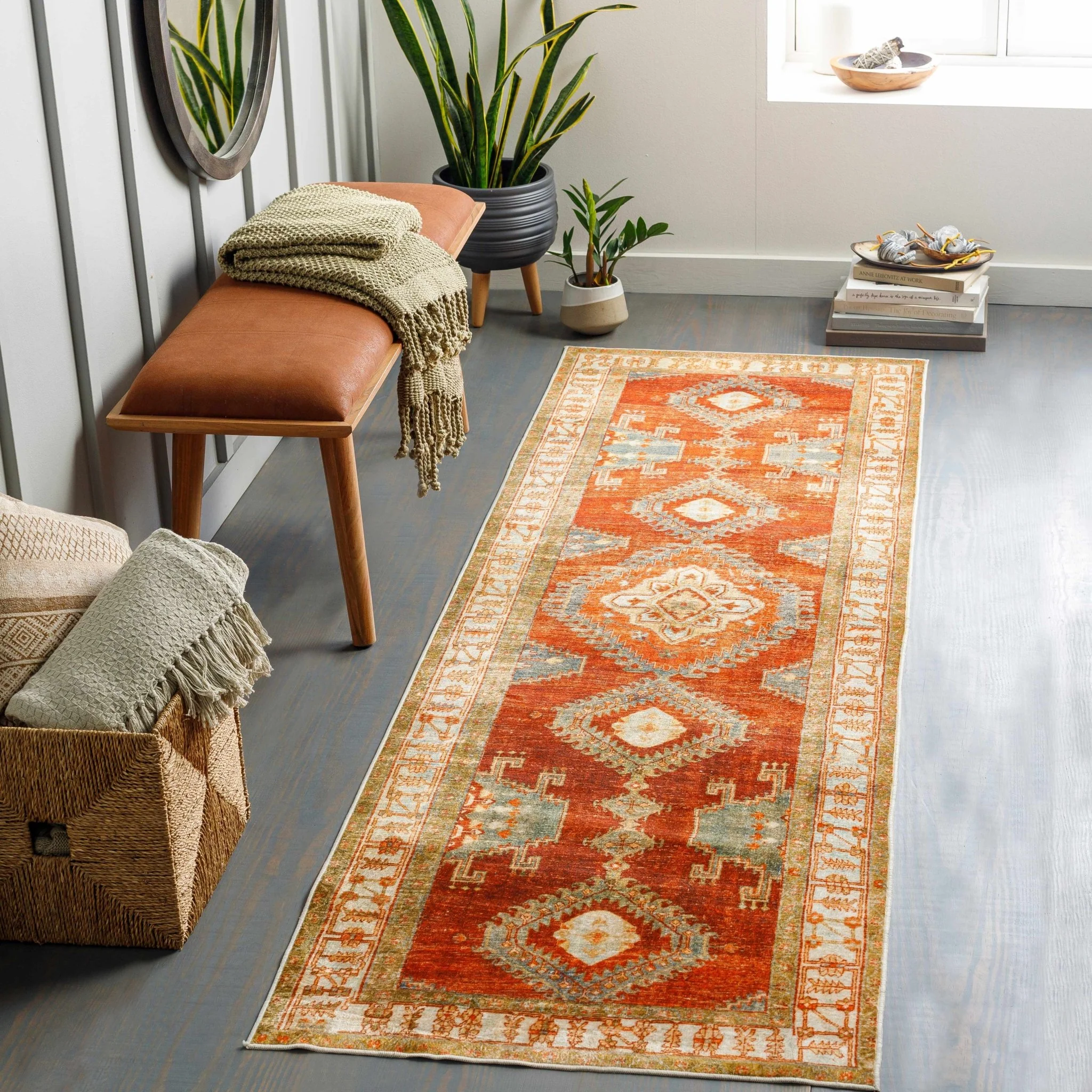 Vintage Style Turkish Design Rust, Gray and Silver Washable Area Rug - Image 5