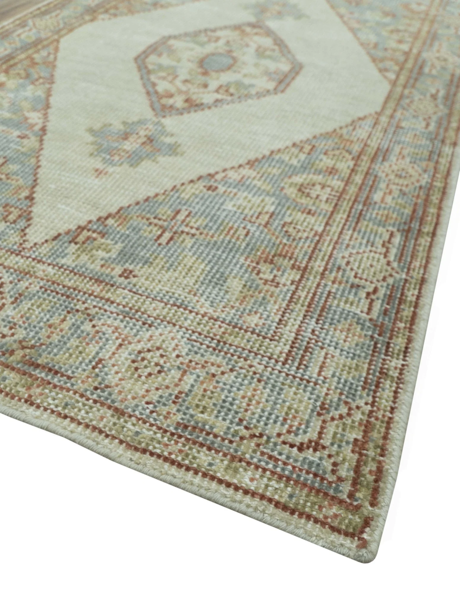Traditional Heriz Design Beige And Blue Hand Knotted 3x5 Wool Area Rug - Image 4