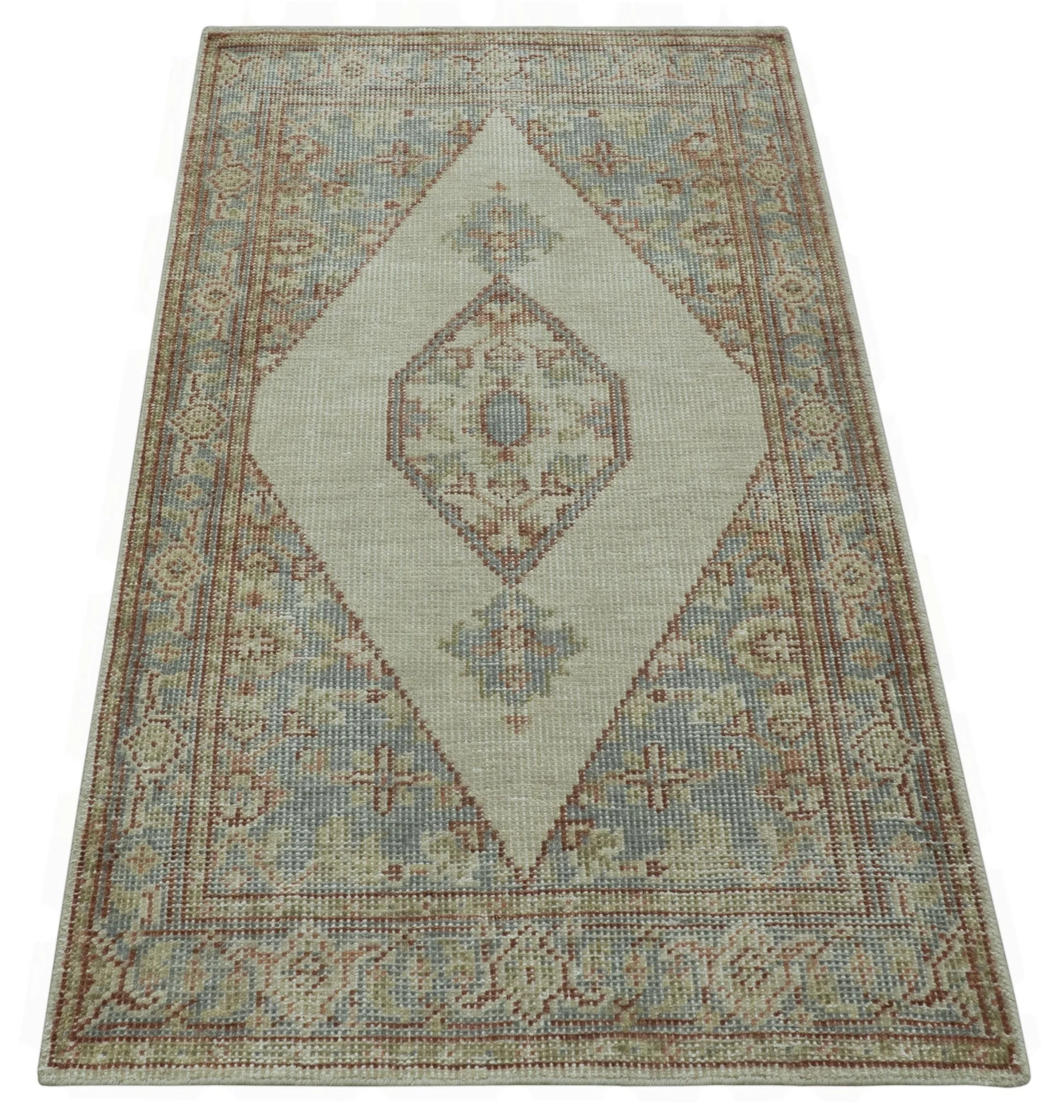 Traditional Heriz Design Beige And Blue Hand Knotted 3x5 Wool Area Rug - Image 8