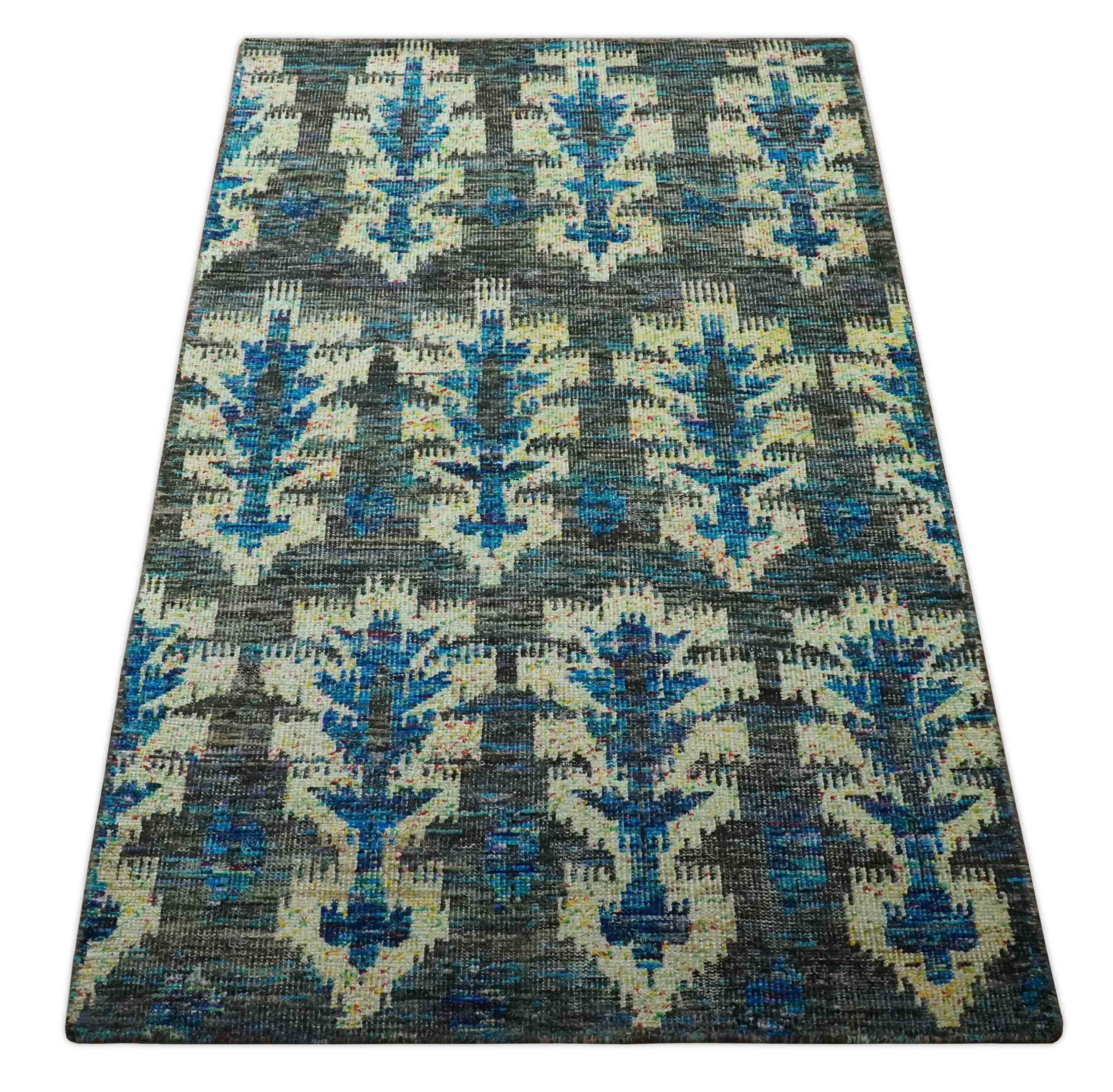 5x8 Traditional Ikat design Charcoal, Blue and Beige Hand knotted wool area rug - Image 10