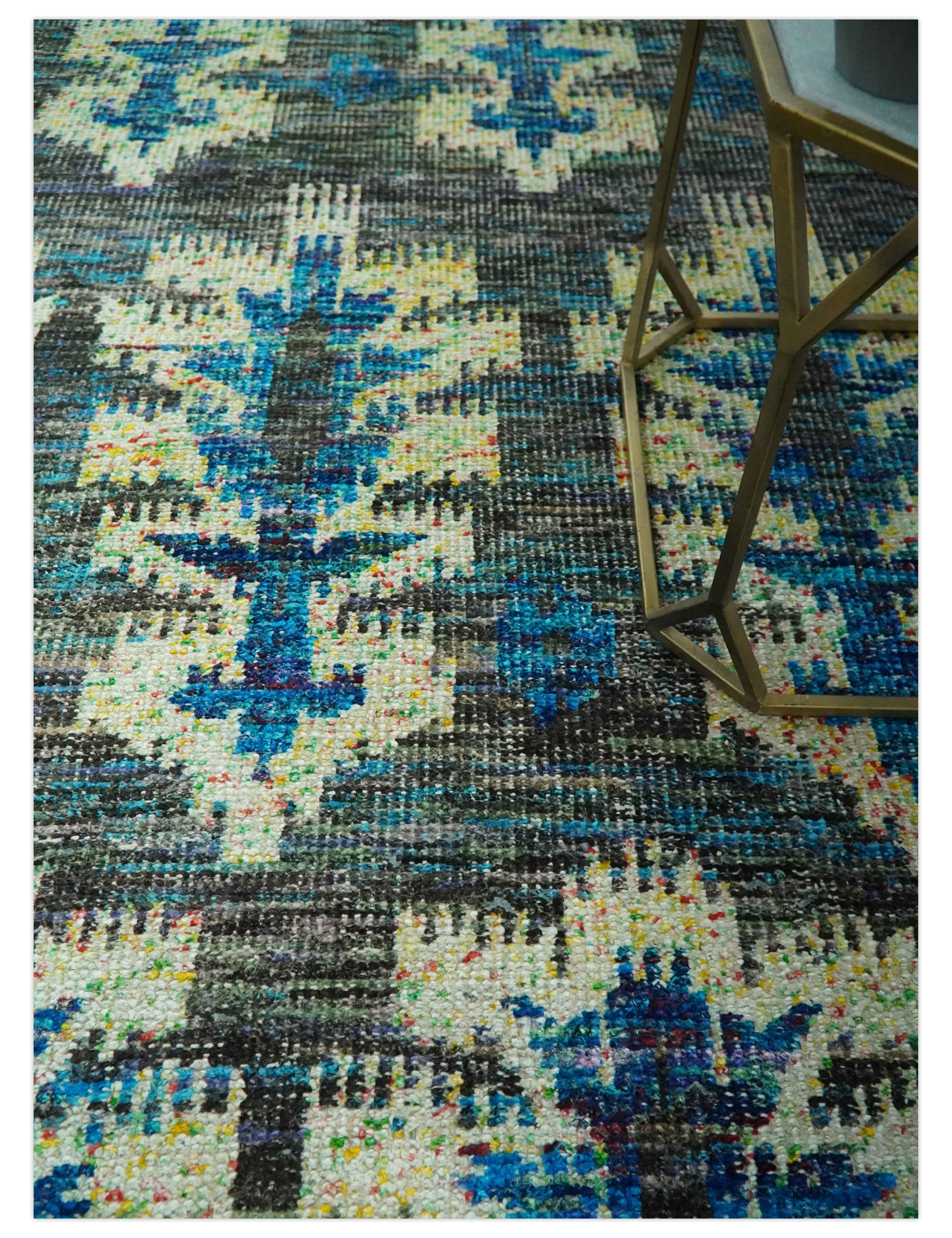 5x8 Traditional Ikat design Charcoal, Blue and Beige Hand knotted wool area rug - Image 2