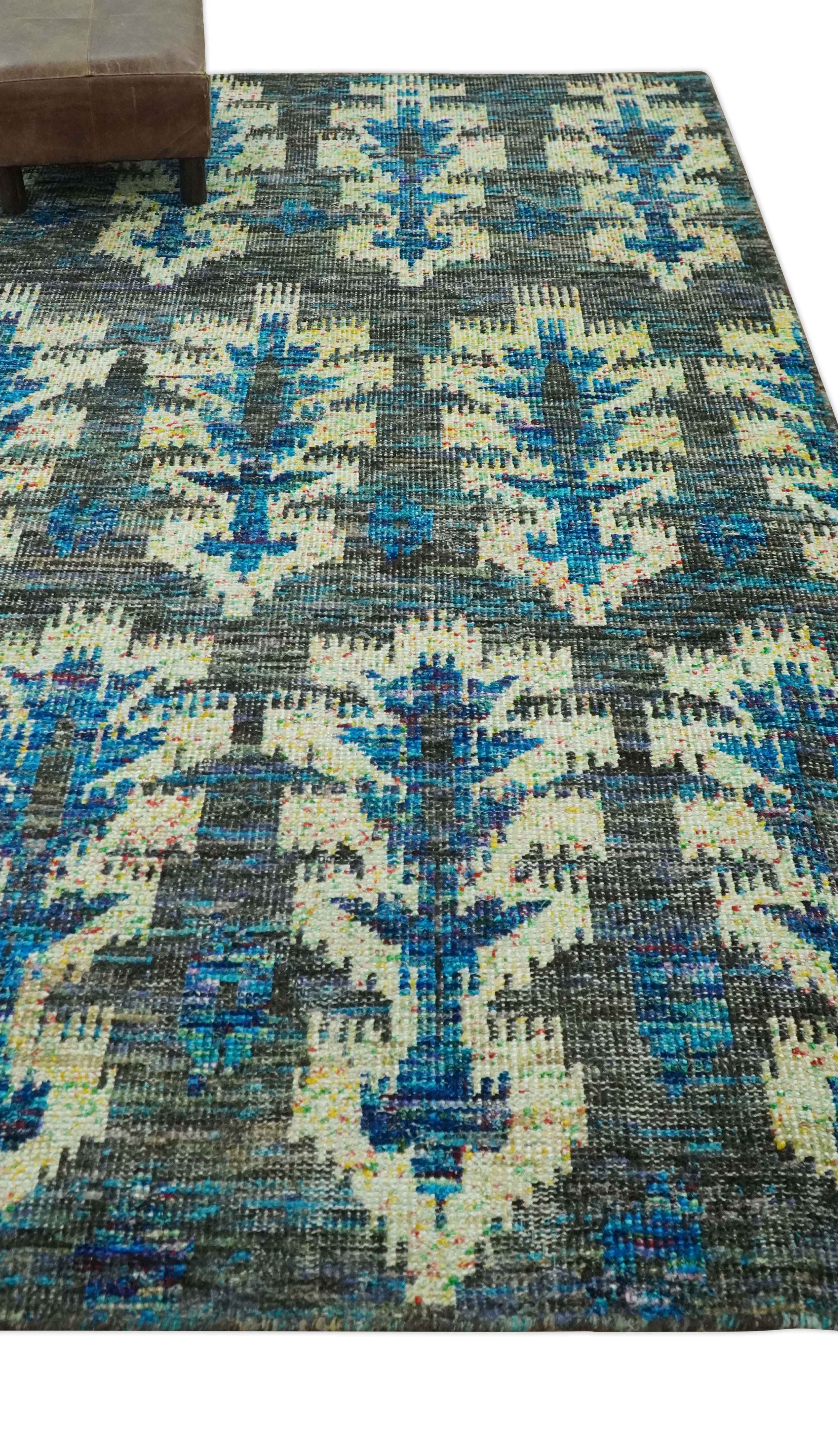 5x8 Traditional Ikat design Charcoal, Blue and Beige Hand knotted wool area rug - Image 3