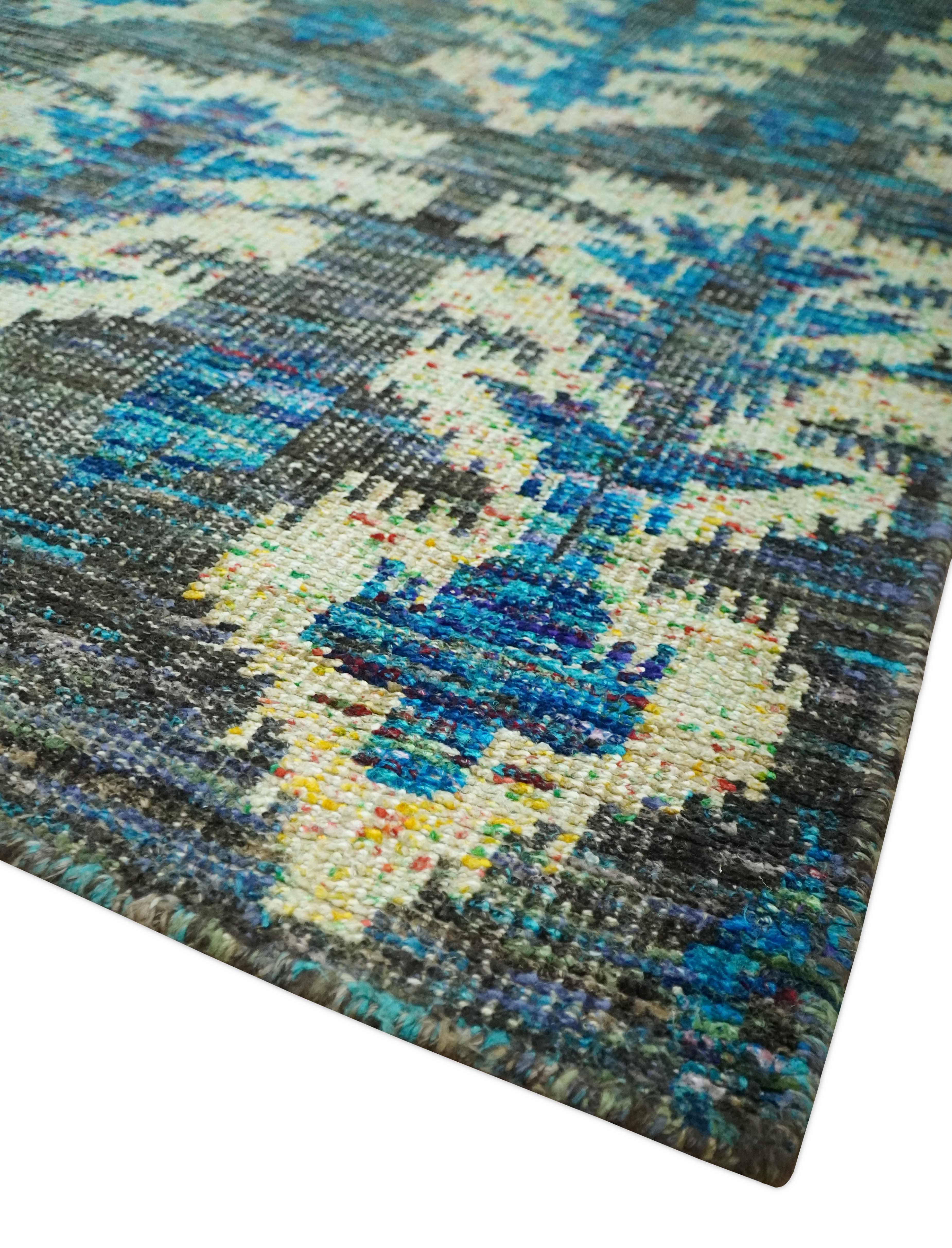 5x8 Traditional Ikat design Charcoal, Blue and Beige Hand knotted wool area rug - Image 5