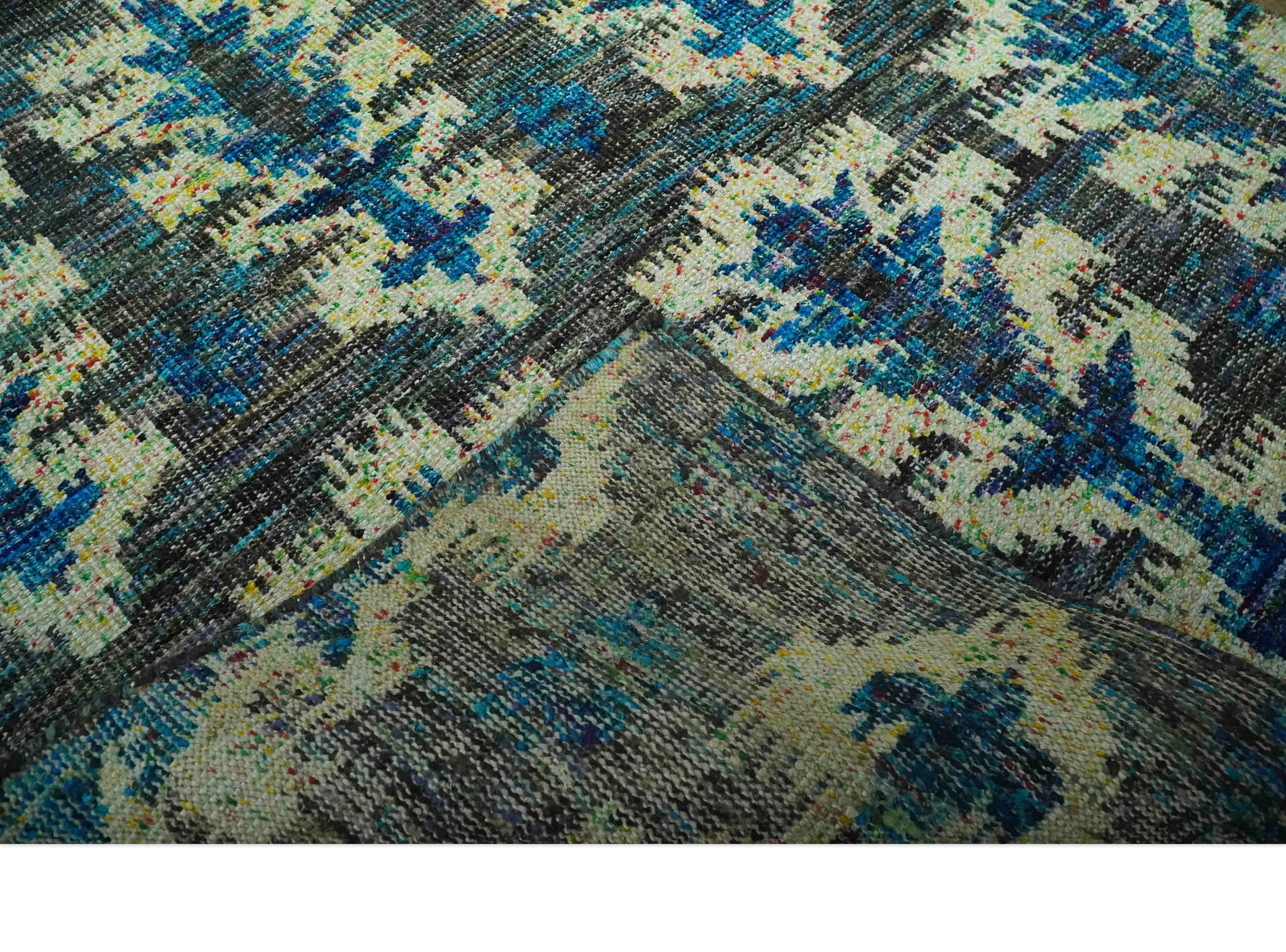 5x8 Traditional Ikat design Charcoal, Blue and Beige Hand knotted wool area rug - Image 7