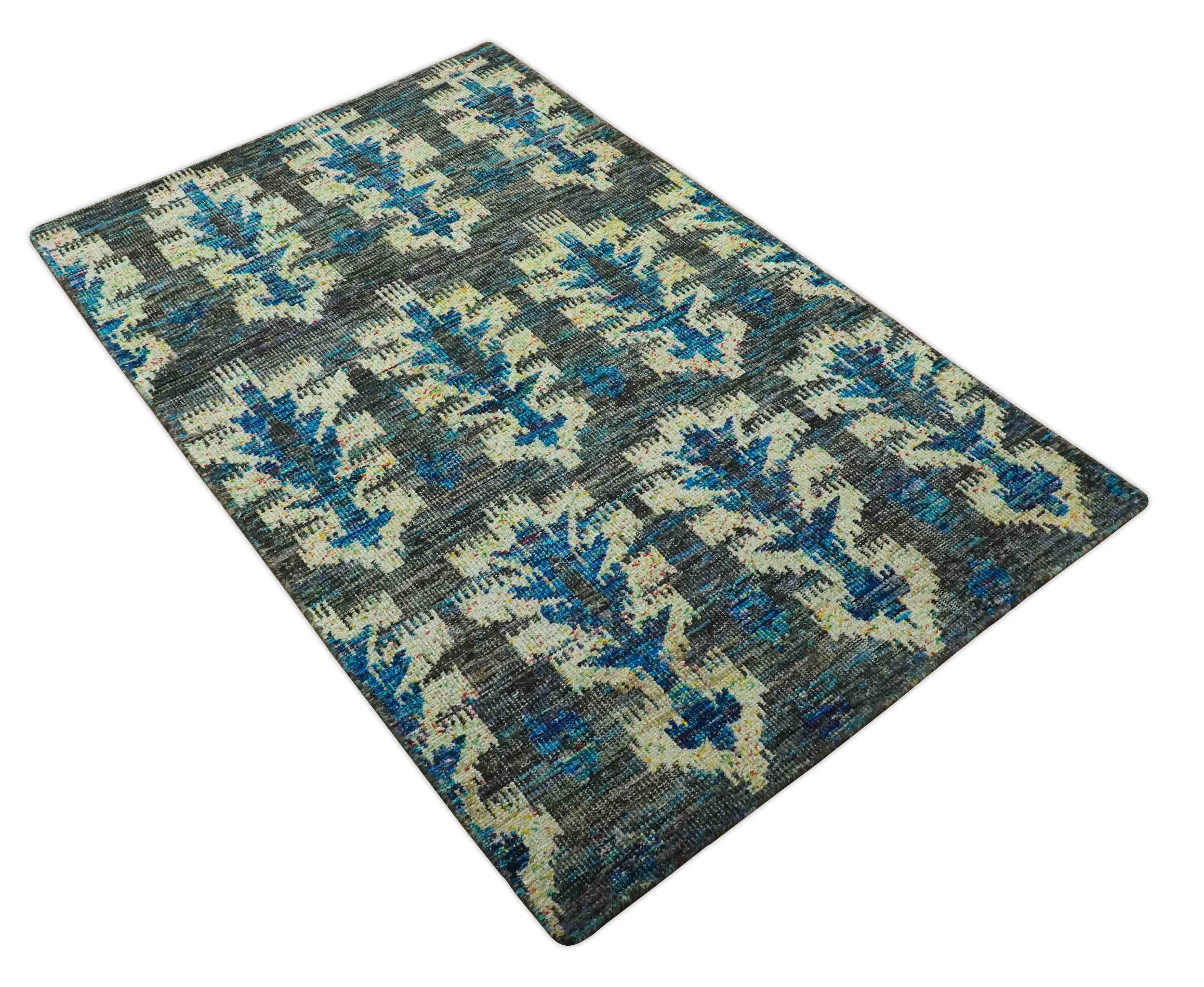 5x8 Traditional Ikat design Charcoal, Blue and Beige Hand knotted wool area rug - Image 9