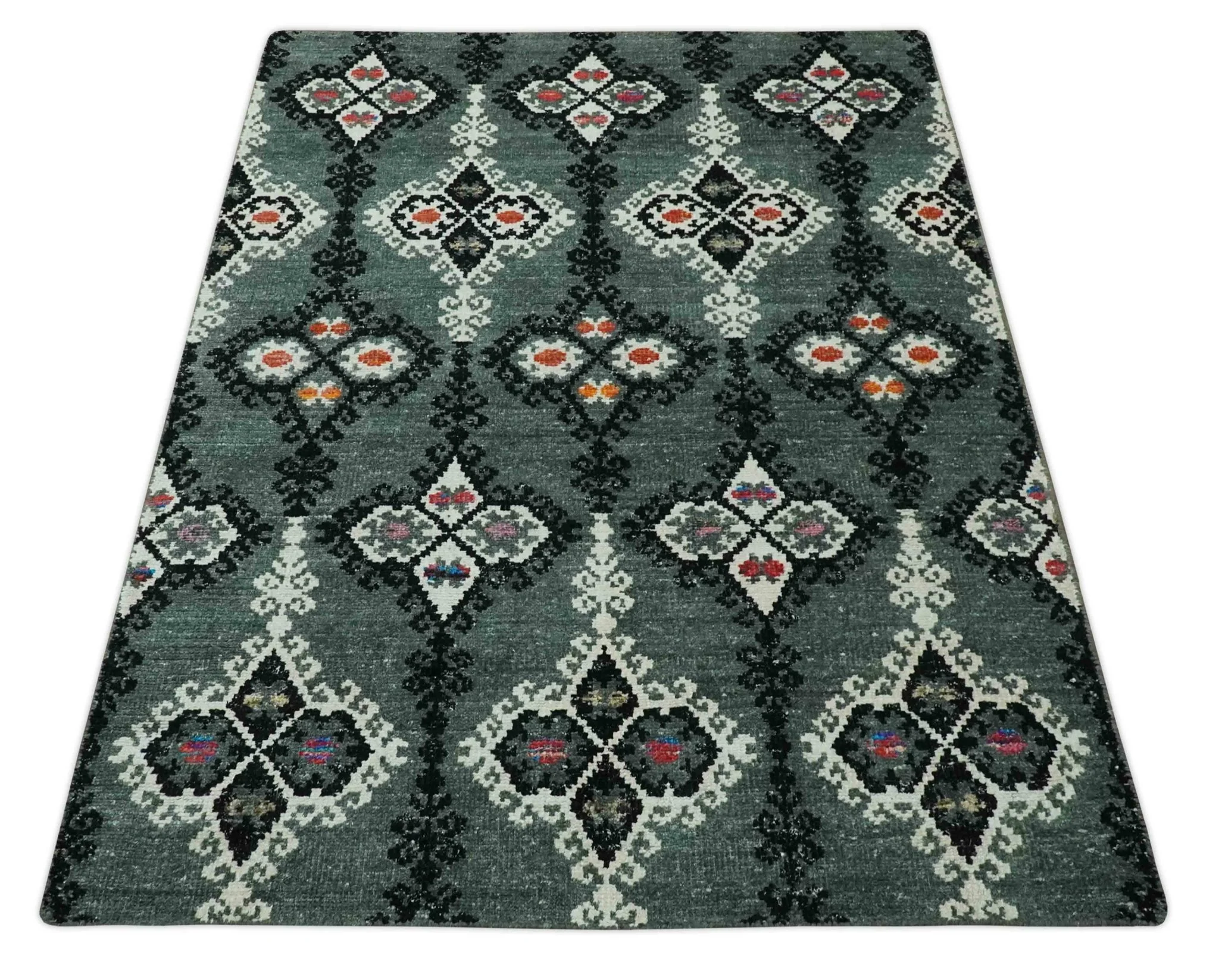 Traditional Ikat Design 5x7.6 Green, Black and Ivory Hand Knotted wool area rug - Image 10