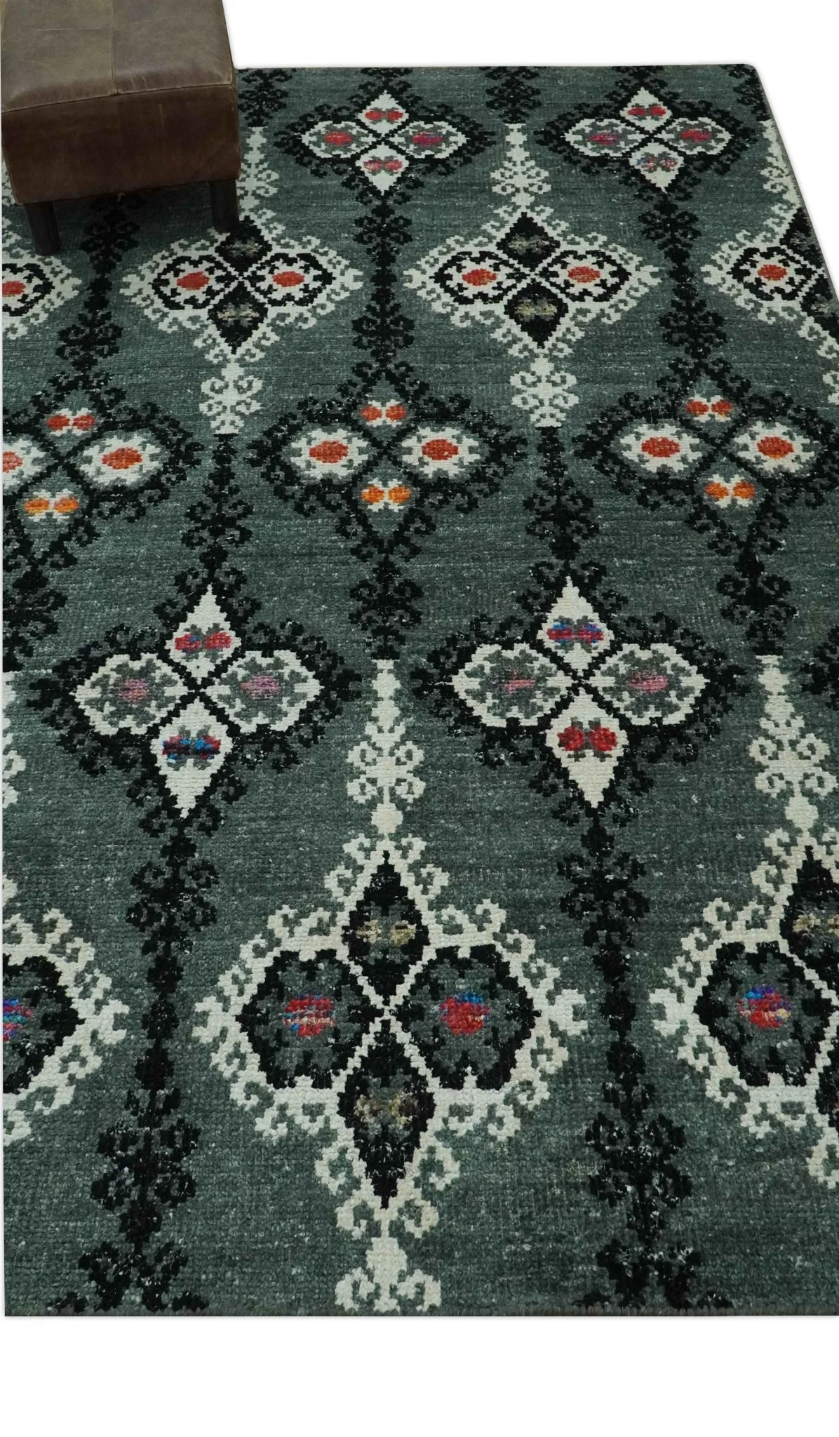 Traditional Ikat Design 5x7.6 Green, Black and Ivory Hand Knotted wool area rug - Image 3