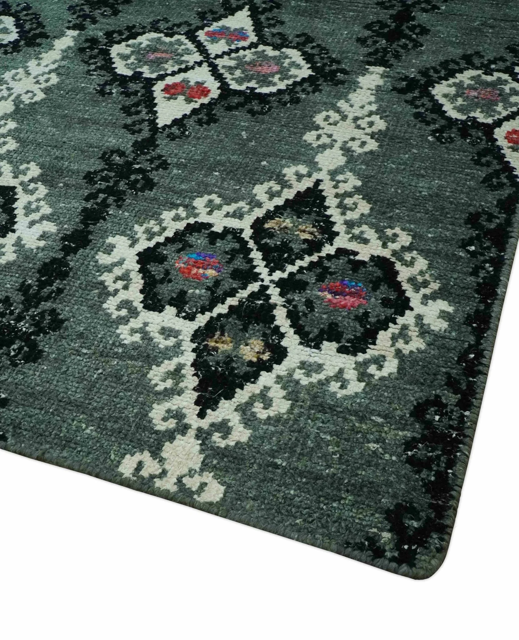 Traditional Ikat Design 5x7.6 Green, Black and Ivory Hand Knotted wool area rug - Image 5