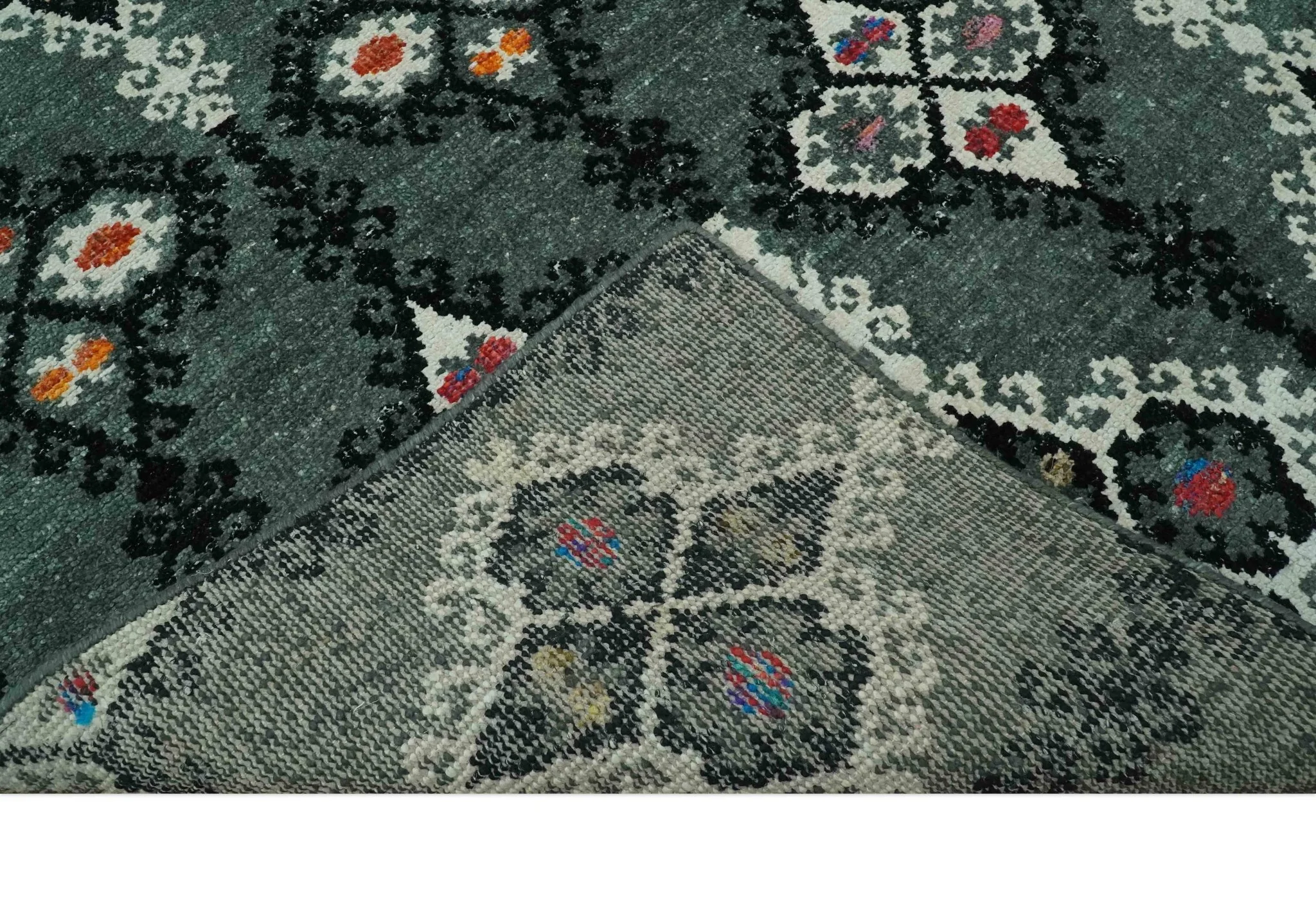 Traditional Ikat Design 5x7.6 Green, Black and Ivory Hand Knotted wool area rug - Image 7