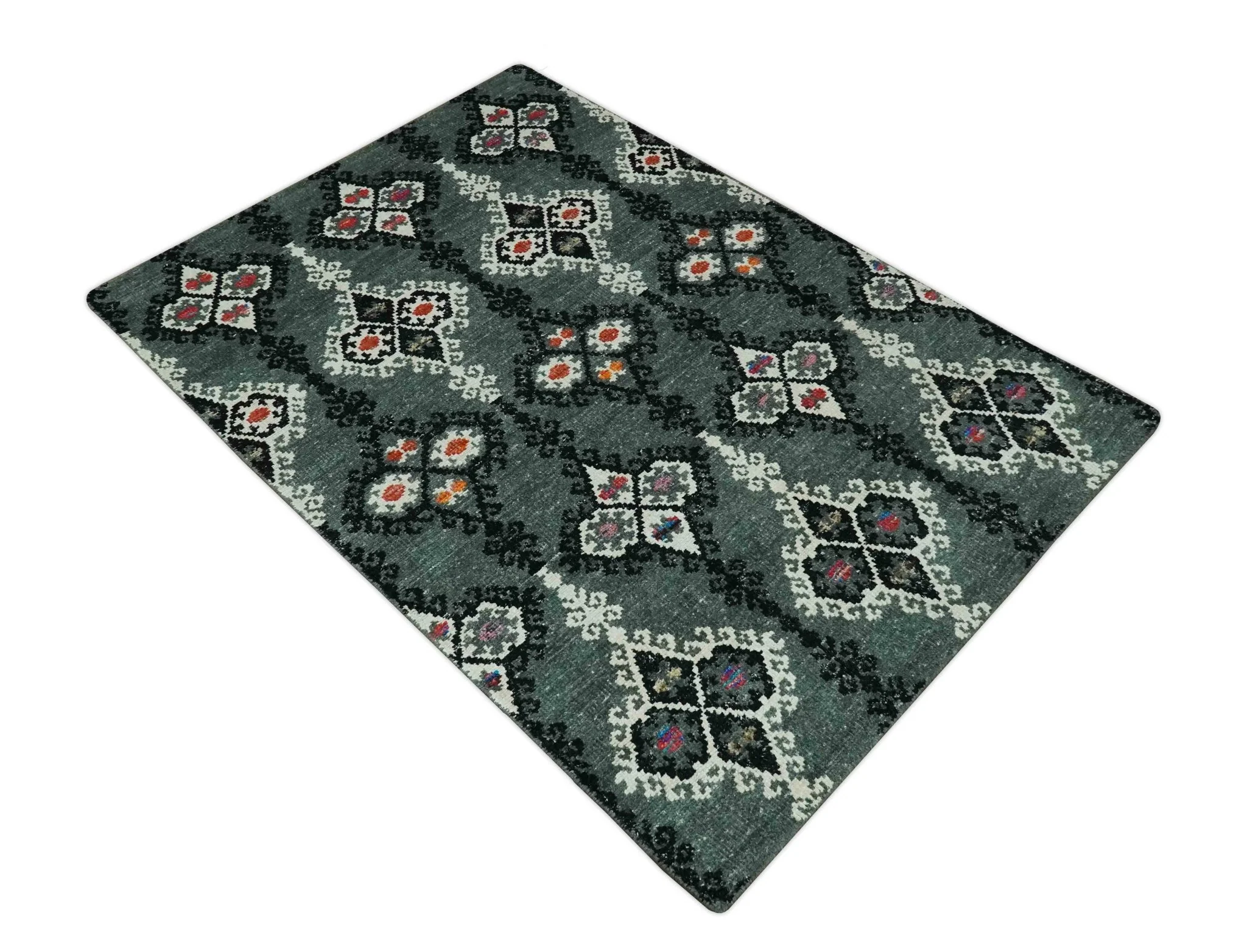 Traditional Ikat Design 5x7.6 Green, Black and Ivory Hand Knotted wool area rug - Image 9