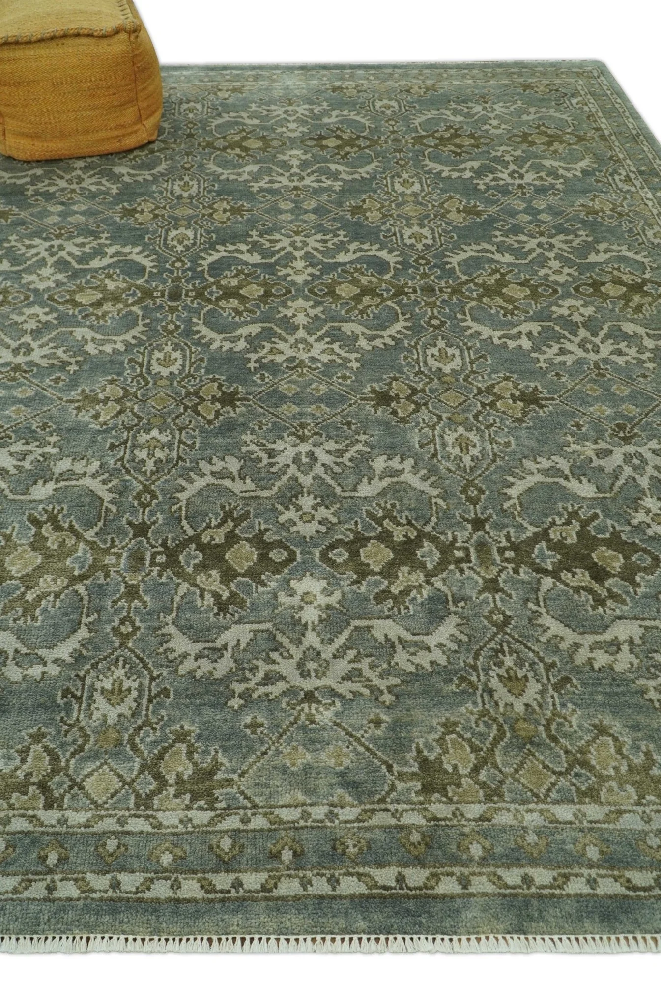 Traditional Ikat large Design Gray, Silver and Olive 8x10 Hand Knotted wool area rug - Image 3