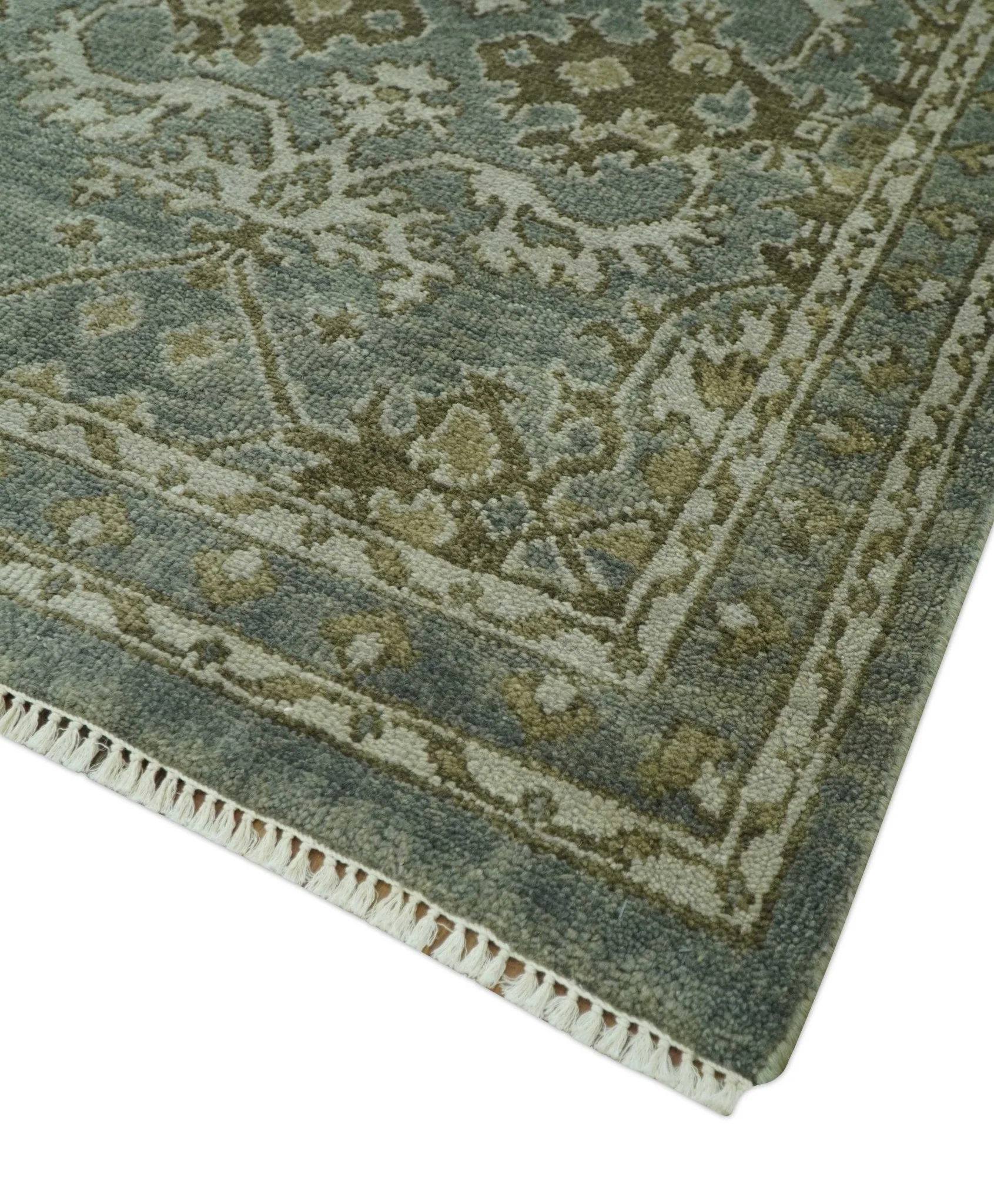 Traditional Ikat large Design Gray, Silver and Olive 8x10 Hand Knotted wool area rug - Image 5