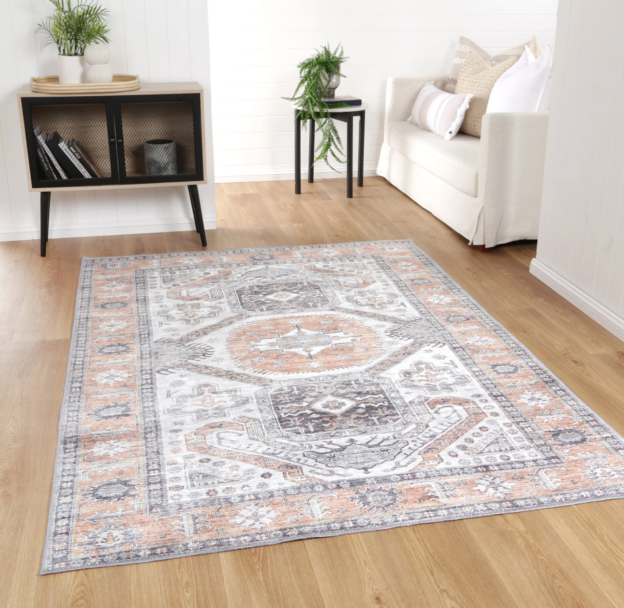 Traditional Ivory And Beige Machine Washable Rug - Image 2