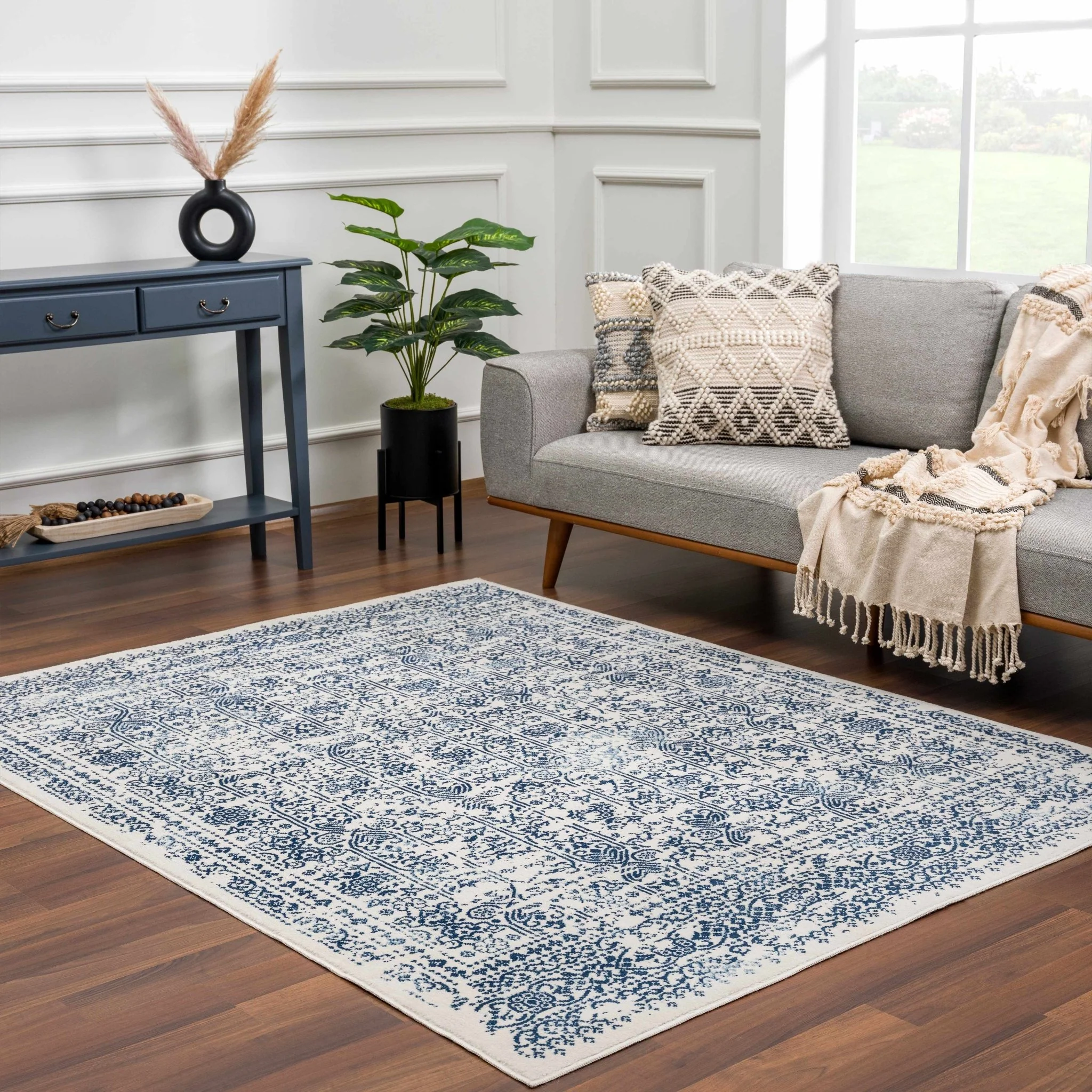 Traditional Transitional Ivory and Blue Medium Pile Area Rug - Image 13
