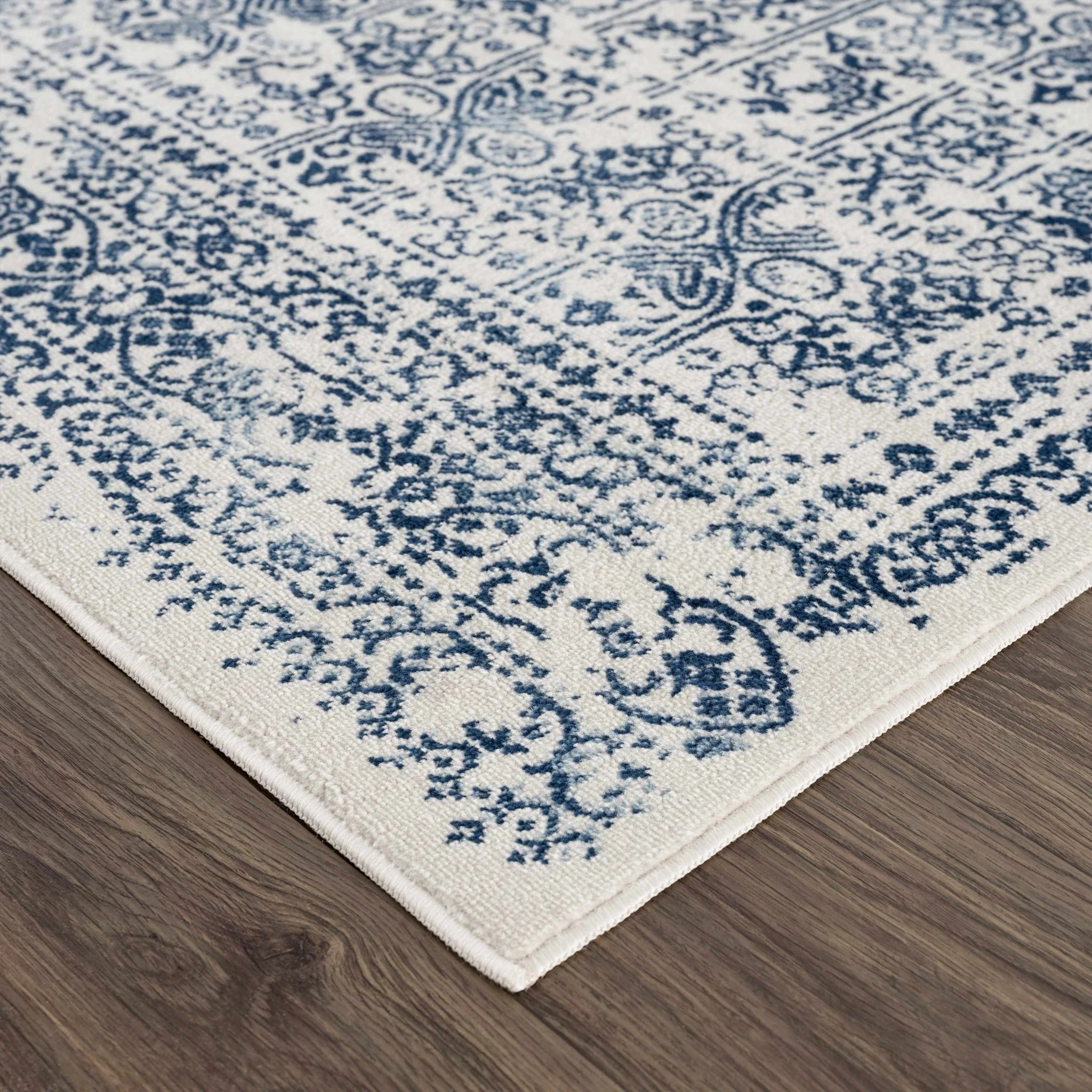 Traditional Transitional Ivory and Blue Medium Pile Area Rug - Image 3