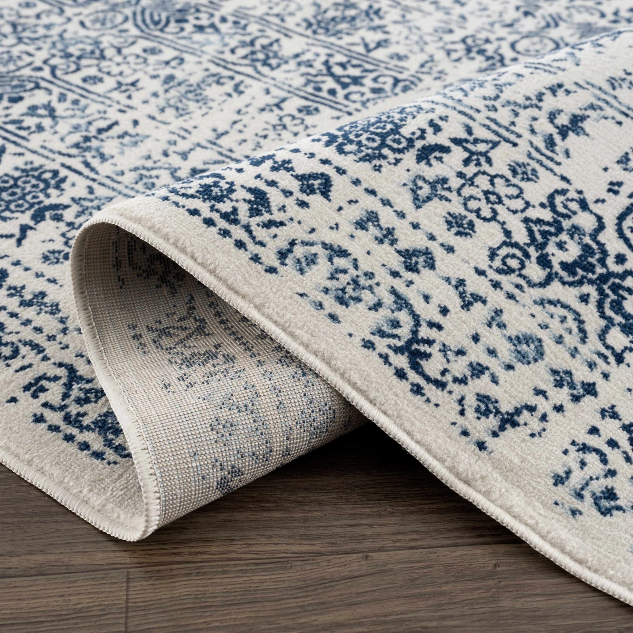 Traditional Transitional Ivory and Blue Medium Pile Area Rug - Image 6