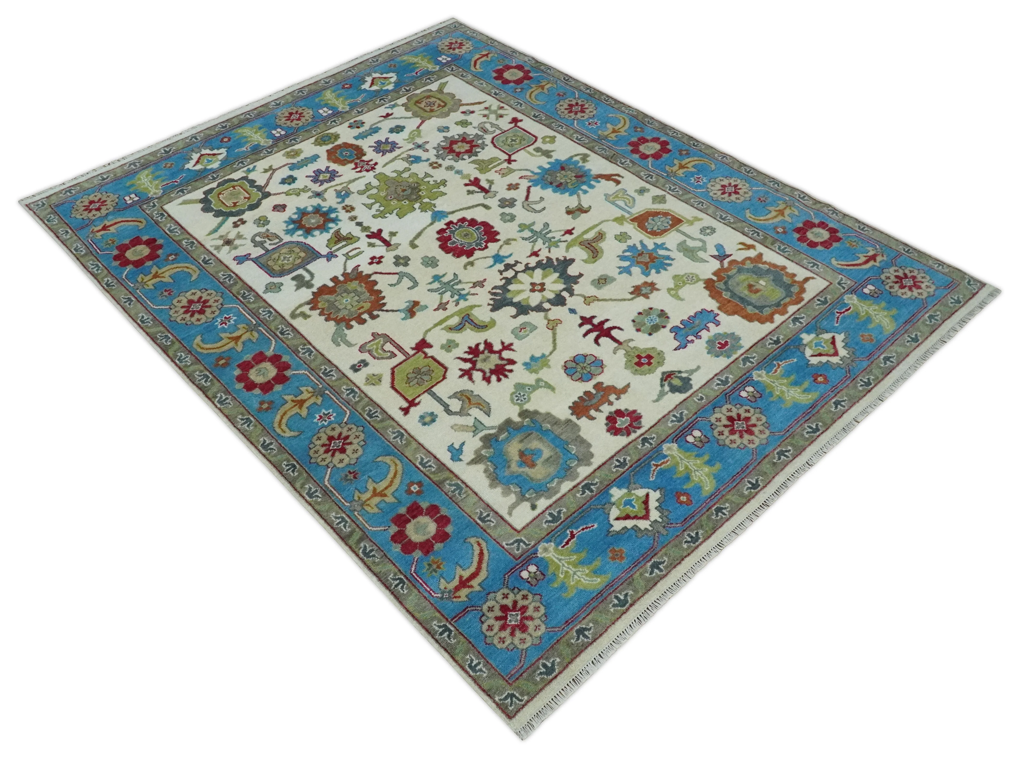 Fine Traditional Ivory and Blue Colorful Hand knotted Oushak Wool Area Rug - Image 10