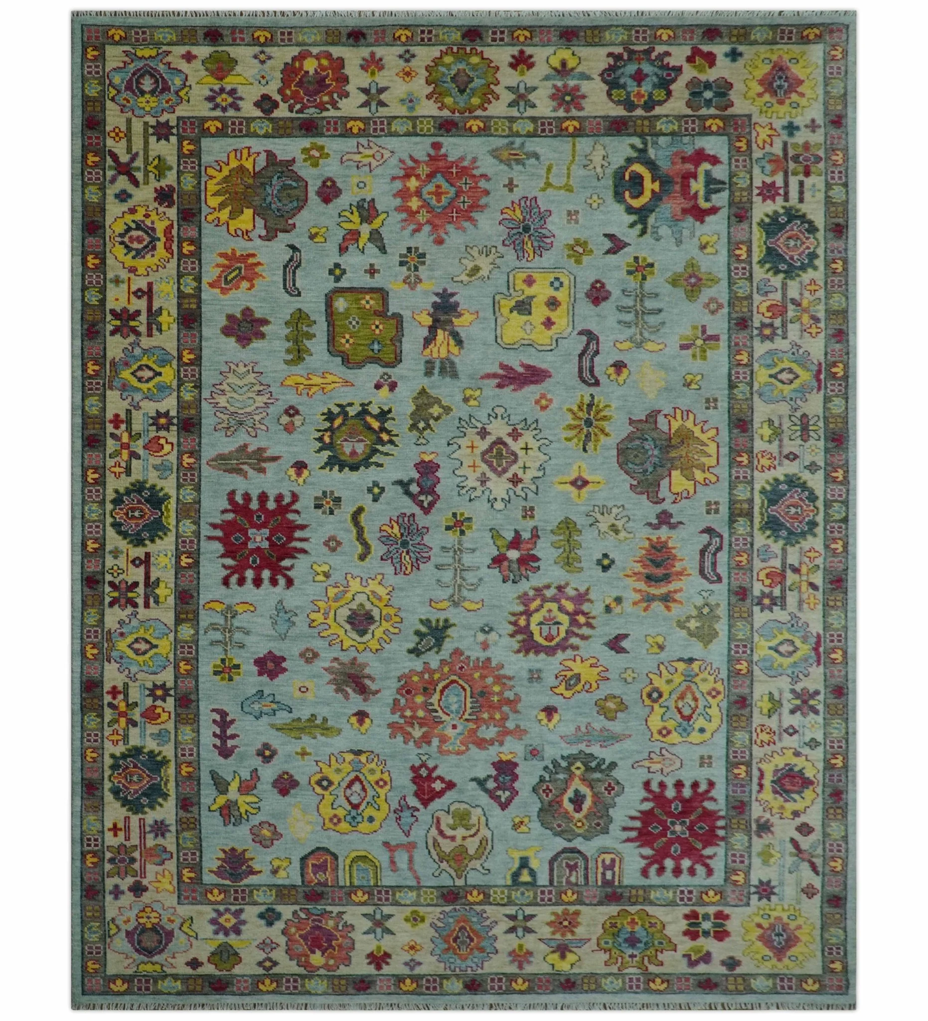 Fine Traditional Ivory and Blue Colorful Hand knotted Oushak Wool Area Rug - Image 11