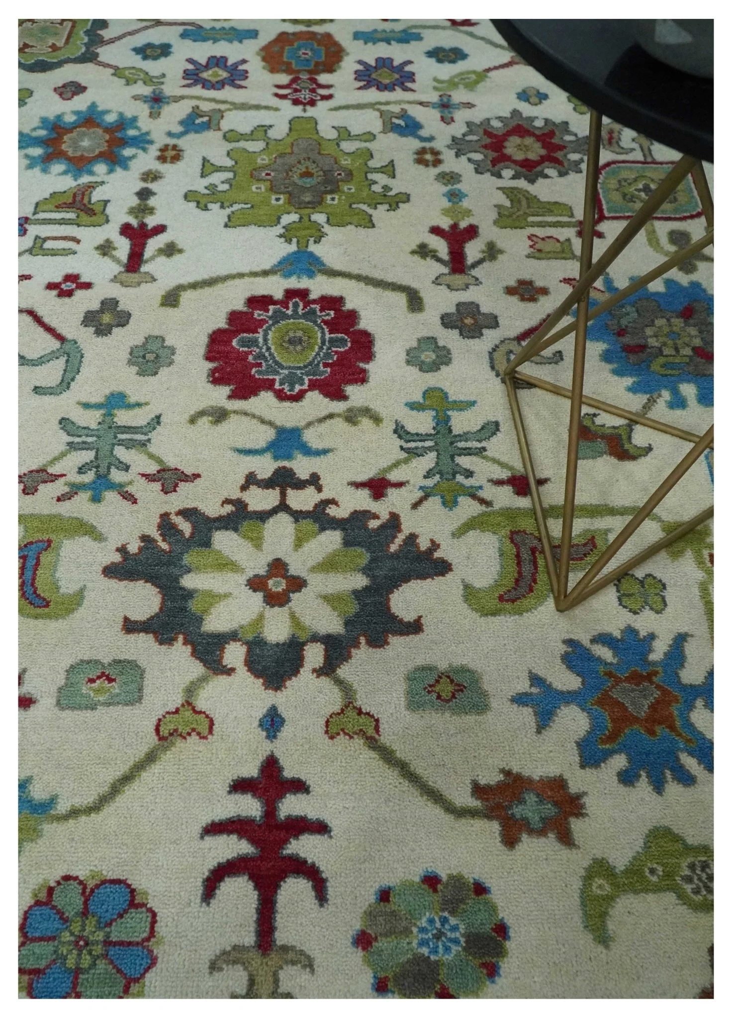 Fine Traditional Ivory and Blue Colorful Hand knotted Oushak Wool Area Rug - Image 2