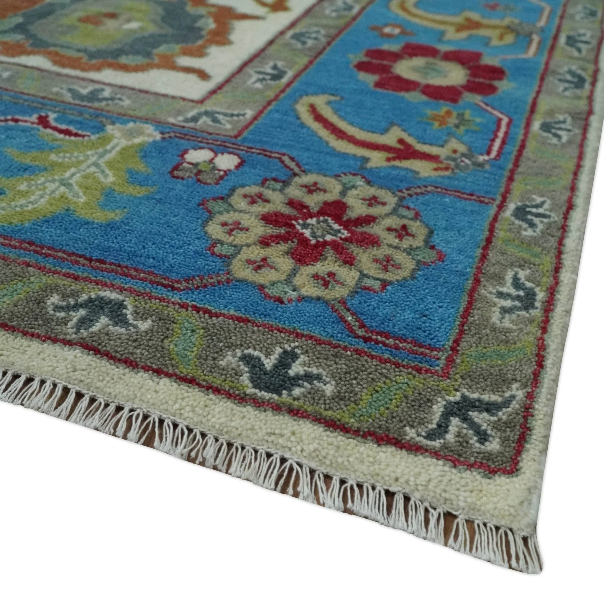 Fine Traditional Ivory and Blue Colorful Hand knotted Oushak Wool Area Rug - Image 5