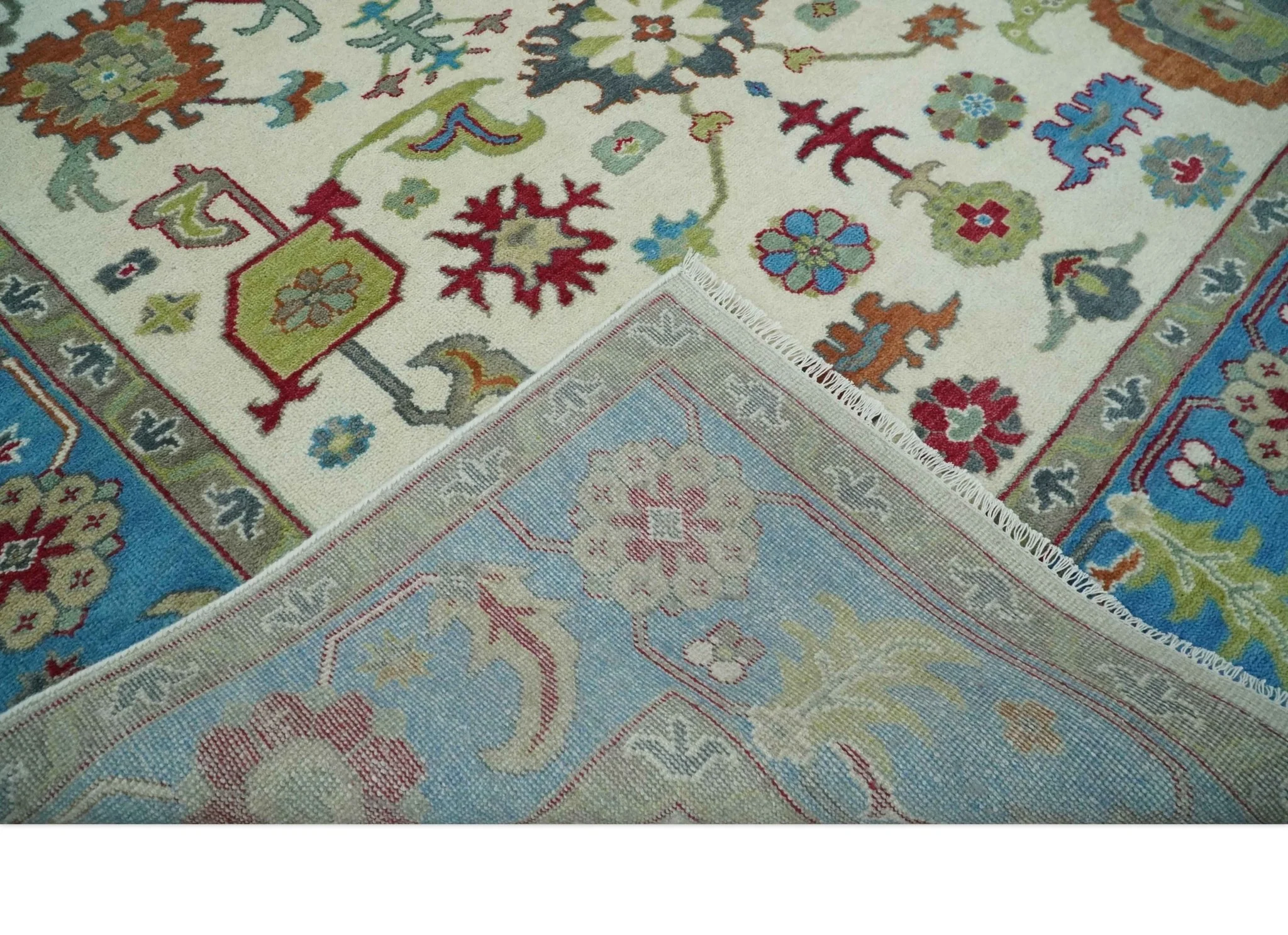 Fine Traditional Ivory and Blue Colorful Hand knotted Oushak Wool Area Rug - Image 7
