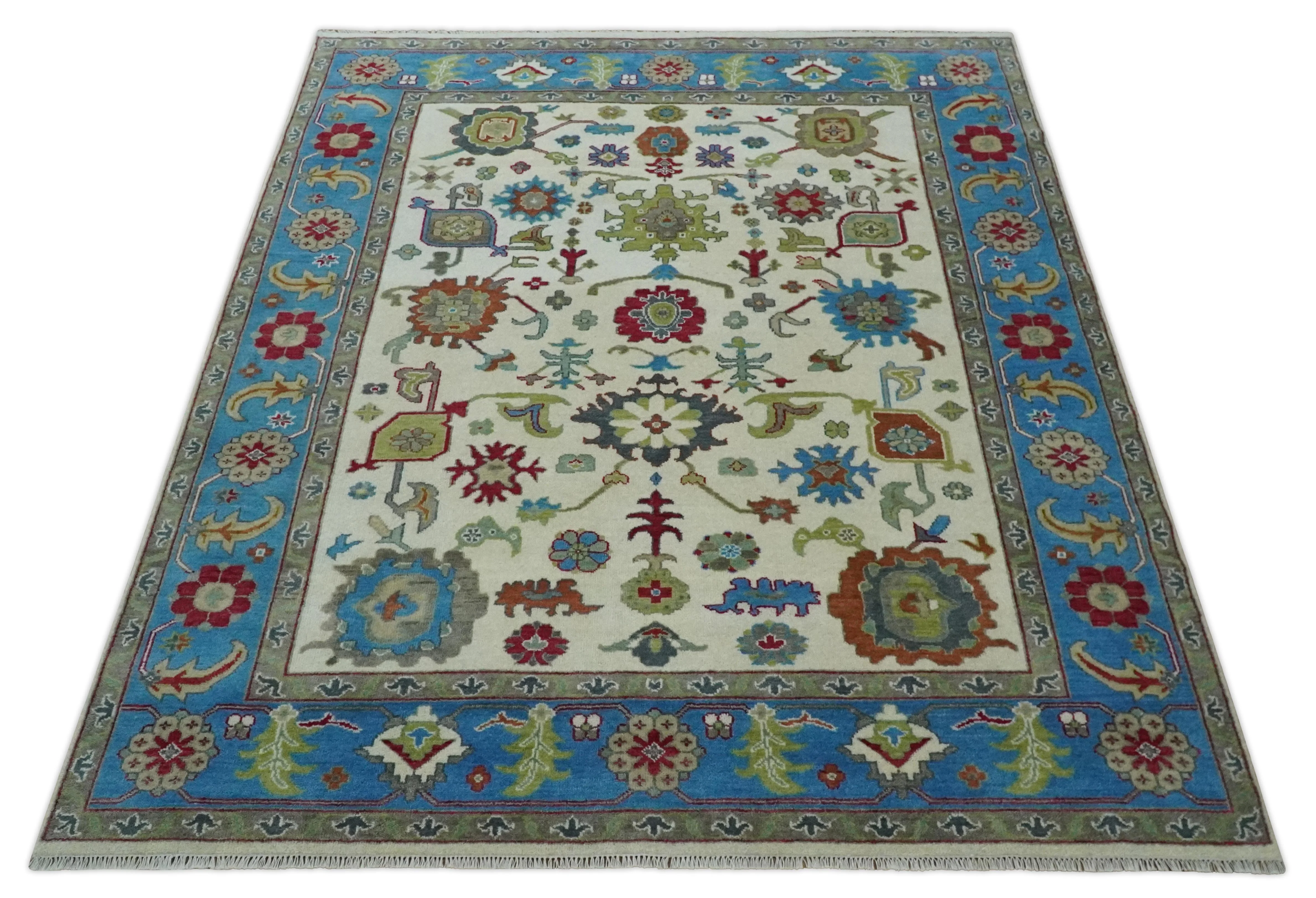 Fine Traditional Ivory and Blue Colorful Hand knotted Oushak Wool Area Rug - Image 9