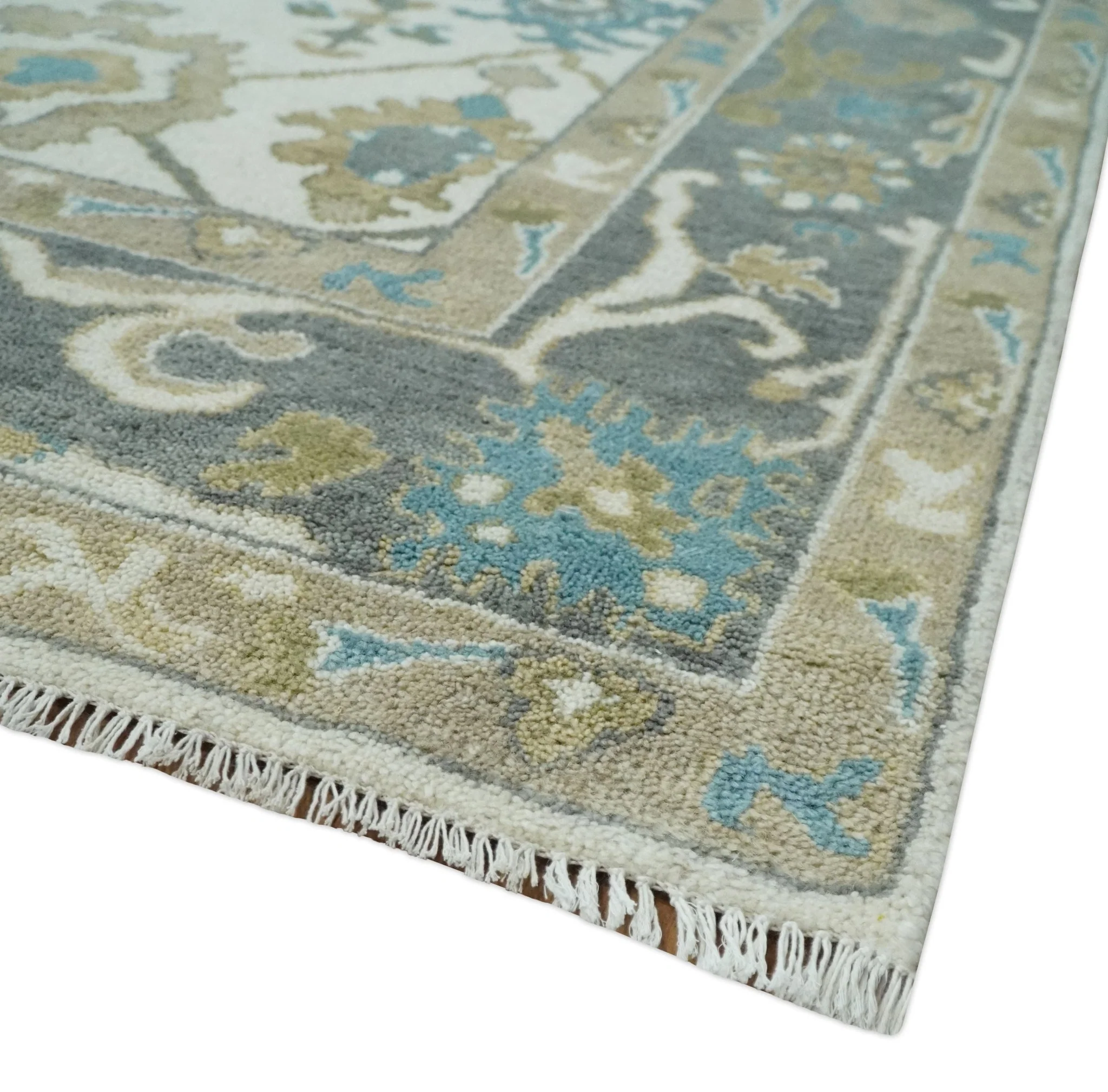 Custom Made Traditional Ivory and Charcoal Hand knotted Oushak Wool Area Rug - Image 5